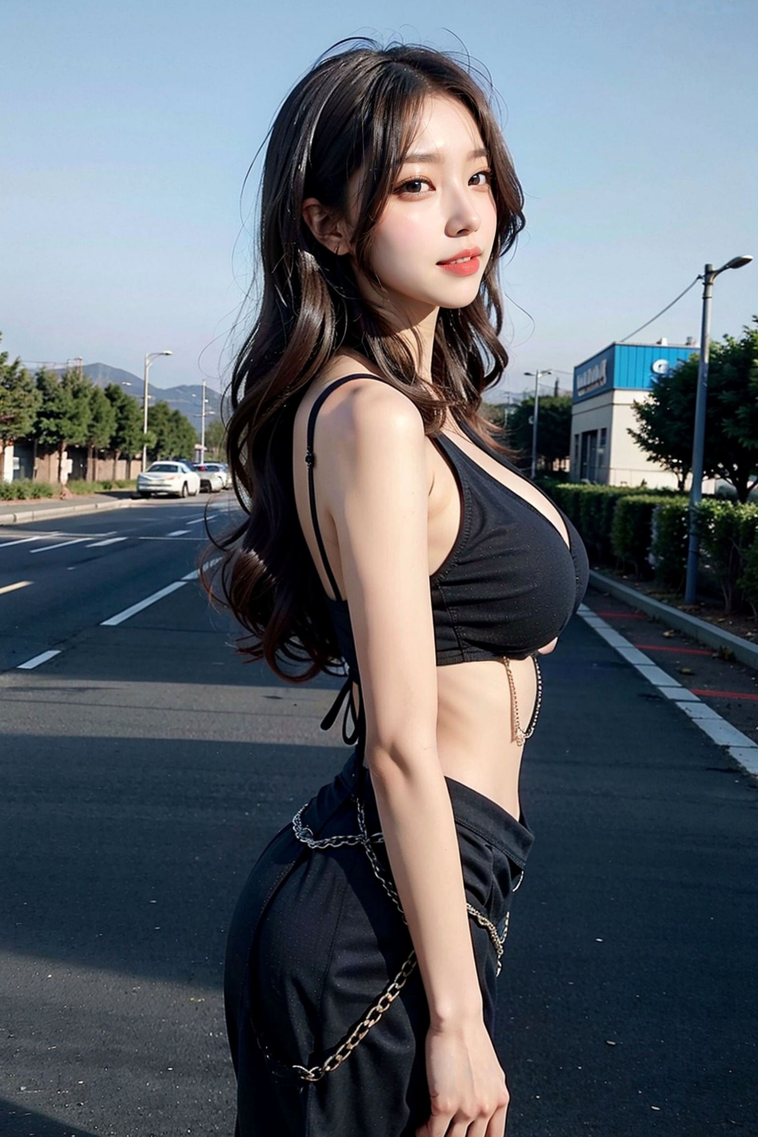 AI美女-拟实-黑色交叉裹胸黑色腰帘街拍 高清户外性感大尺度写真