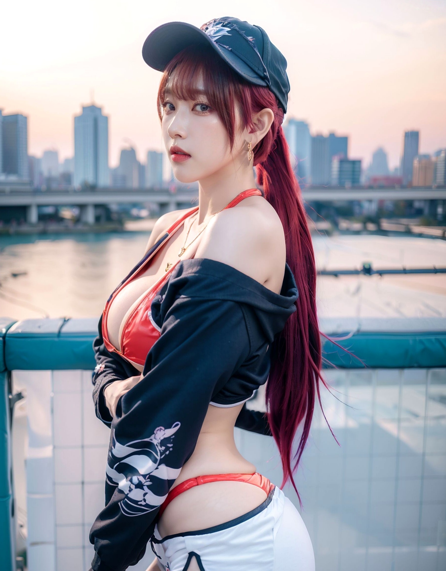 AI美女-拟实-红色比基尼棒球帽少女-户外运动性感大尺度写真-18禁