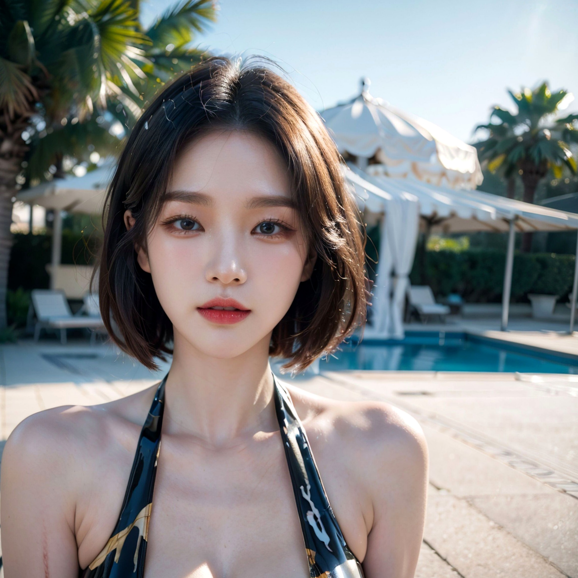 AI美女-拟实-深V黑色内衣户外泳池超高叉性感写真
