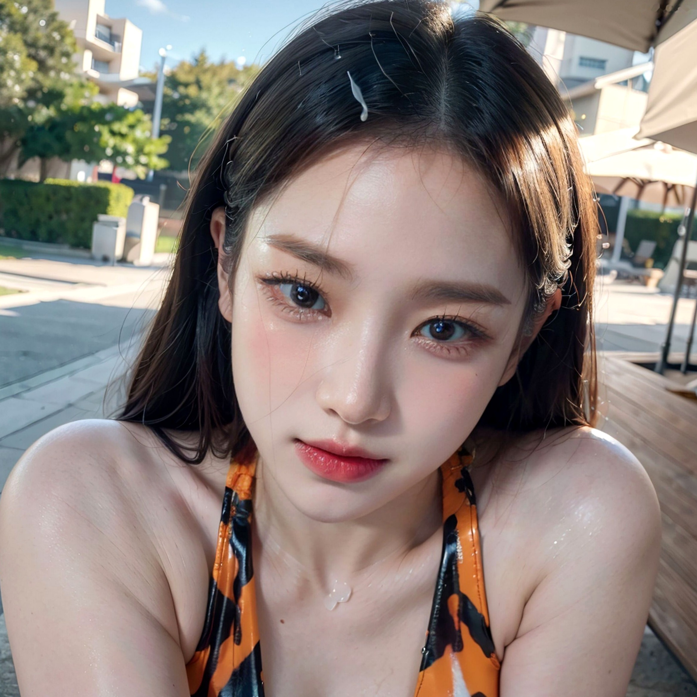 AI美女-拟实-深V黑色内衣户外泳池超高叉性感写真
