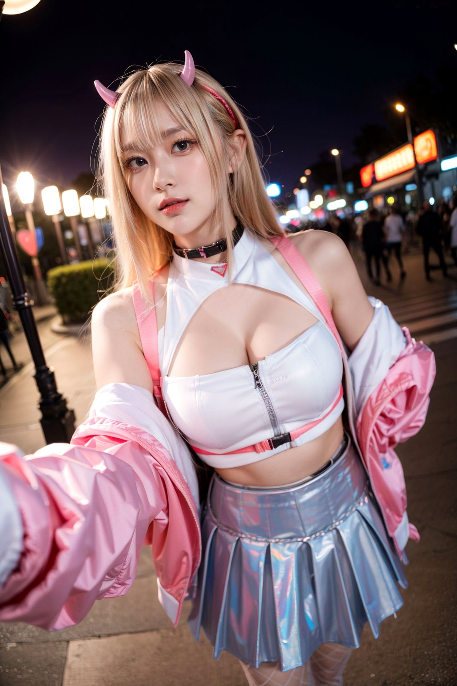 AI美女-拟实-粉衣银色短裙小恶魔-纯净版-夜色街拍 二次元甜酷角色扮演户外性感写真