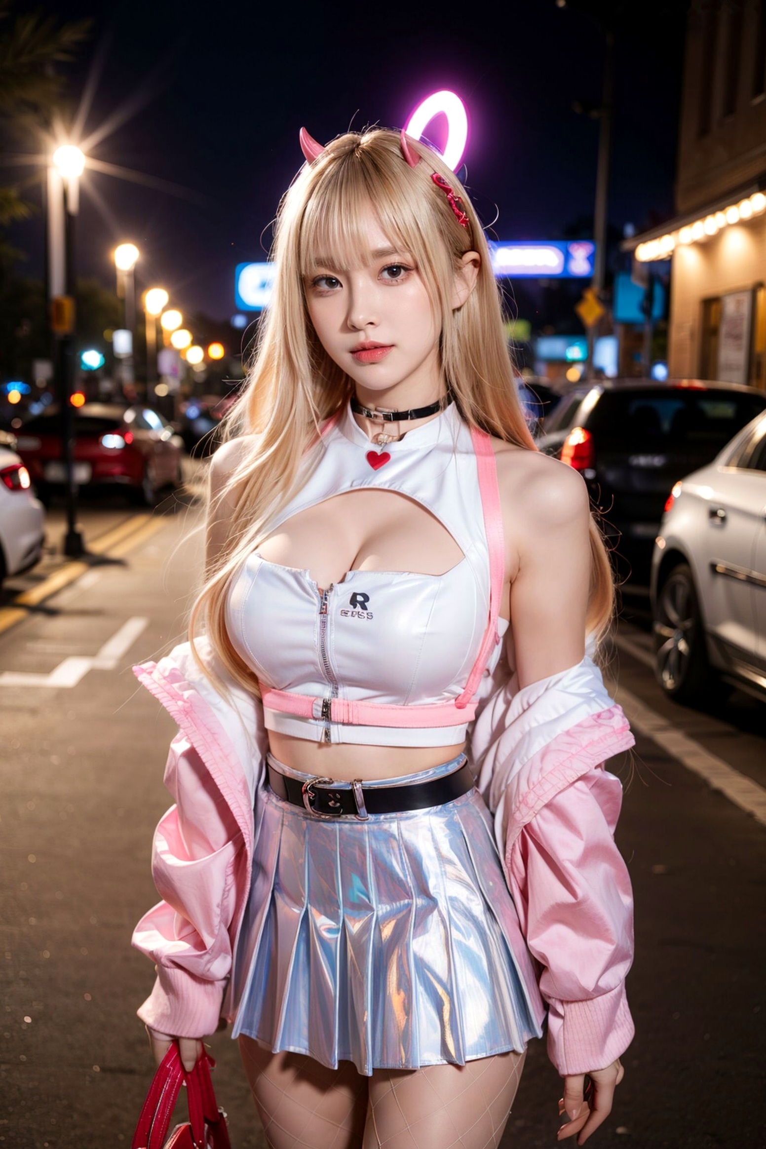 AI美女-拟实-粉衣银色短裙小恶魔-纯净版-夜色街拍 二次元甜酷角色扮演户外性感写真