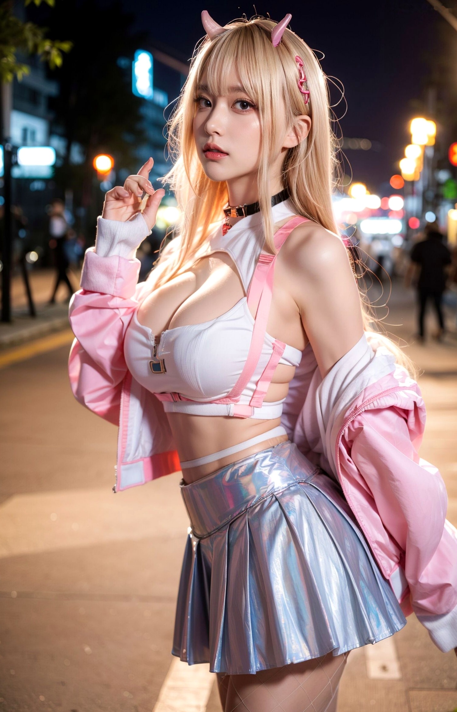 AI美女-拟实-粉衣银色短裙小恶魔-纯净版-夜色街拍 二次元甜酷角色扮演户外性感写真