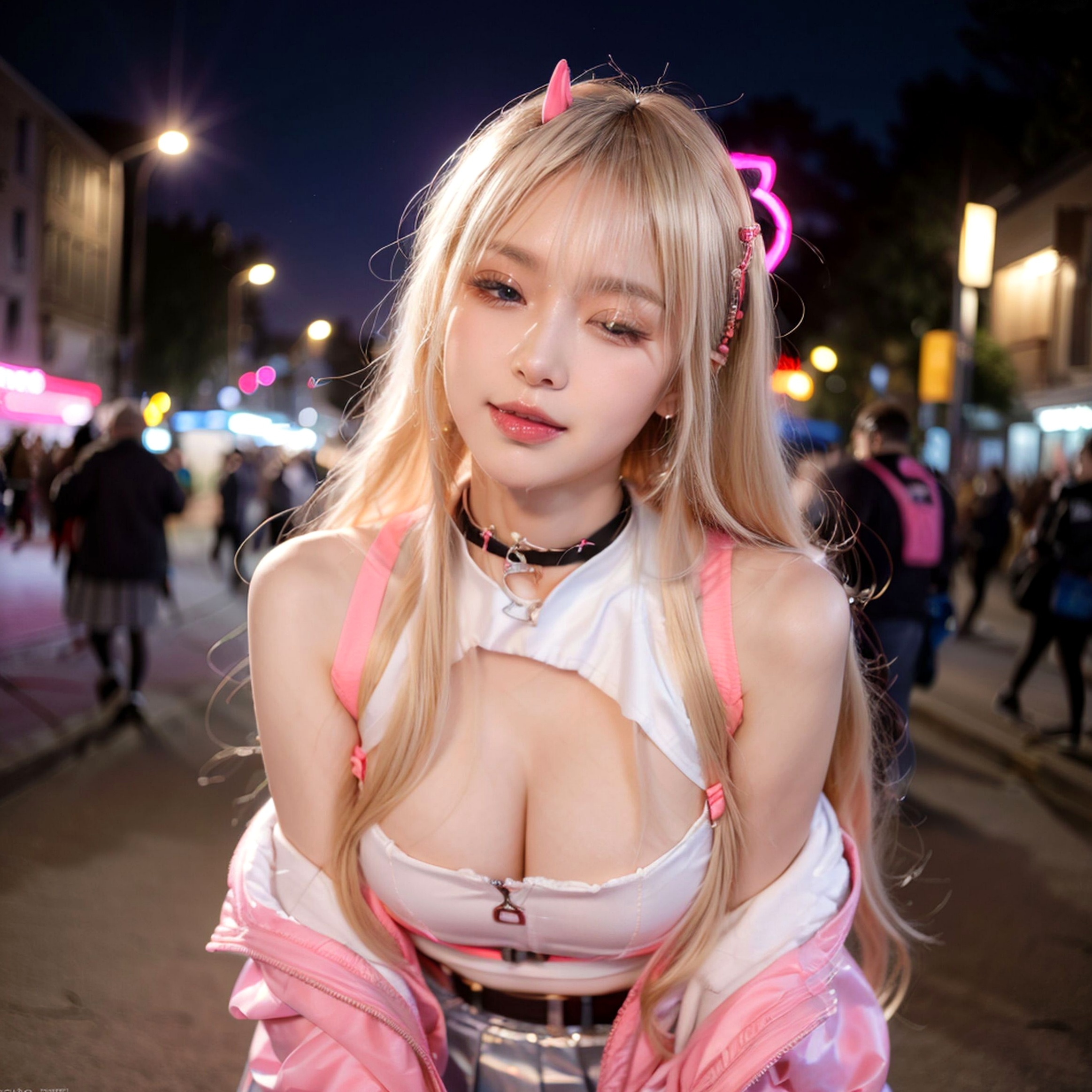 AI美女-拟实-粉衣银色短裙小恶魔-纯净版-夜色街拍 二次元甜酷角色扮演户外性感写真