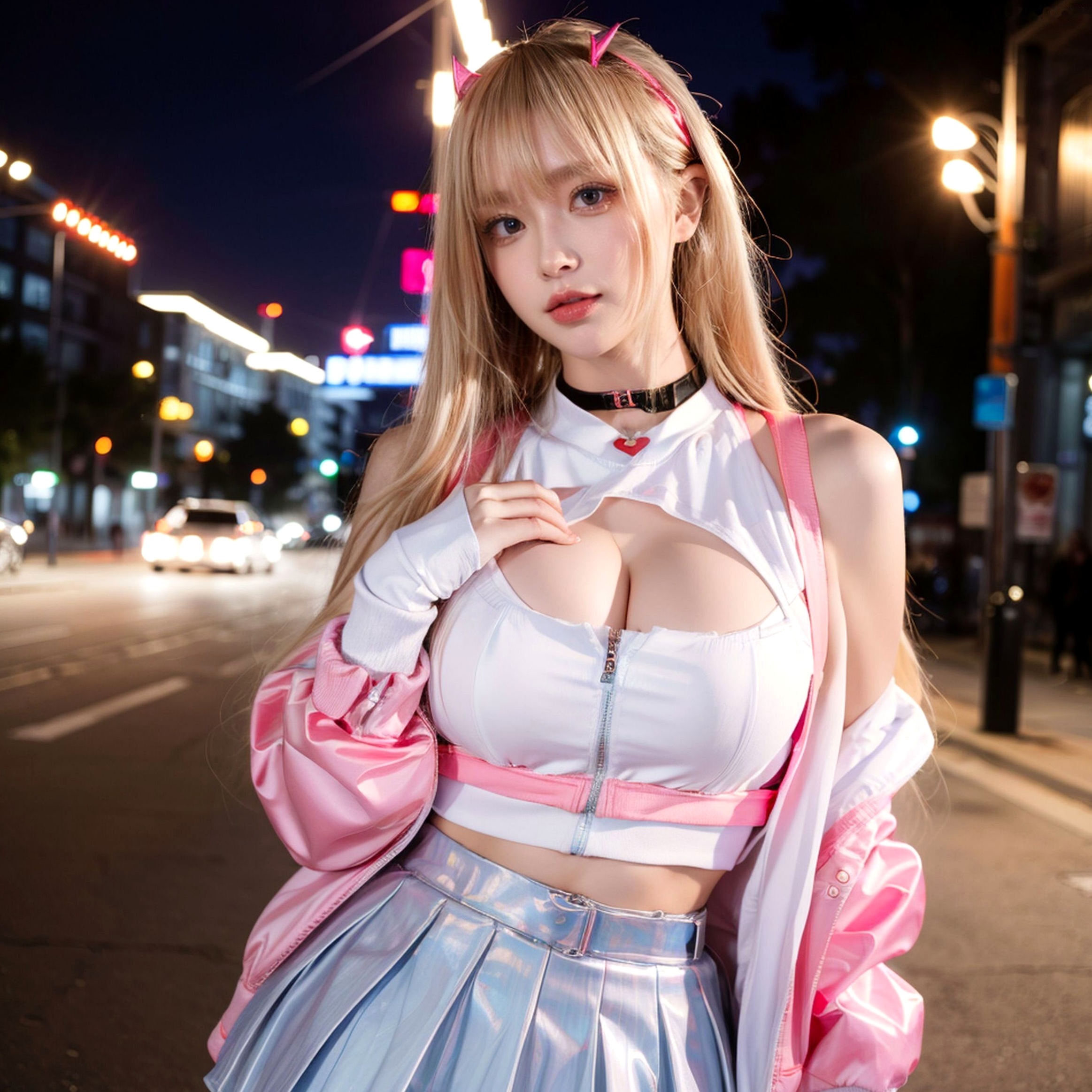 AI美女-拟实-粉衣银色短裙小恶魔-纯净版-夜色街拍 二次元甜酷角色扮演户外性感写真
