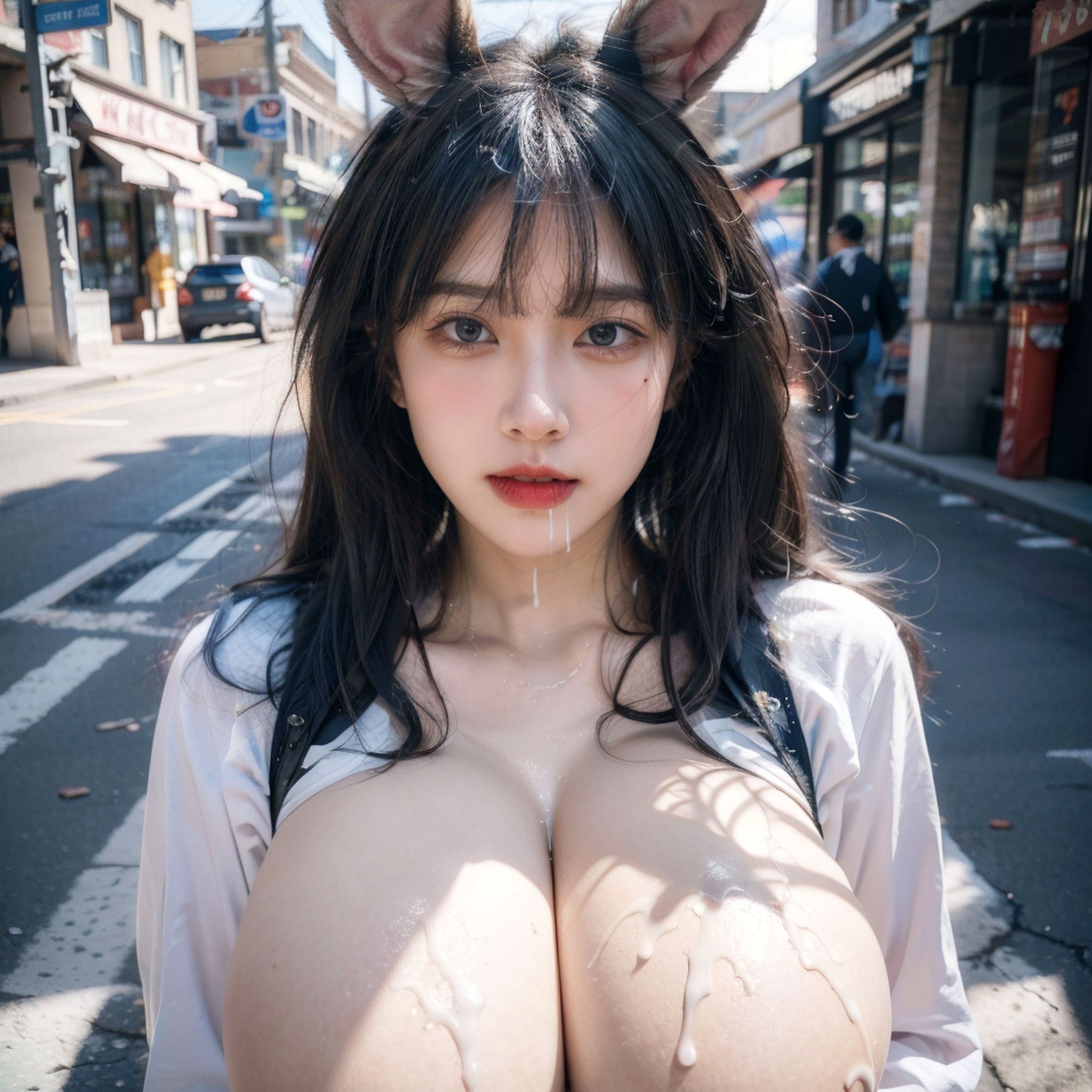 AI美女-拟实-兔耳女警街拍 户外性感制服诱惑角色扮演大尺度写真