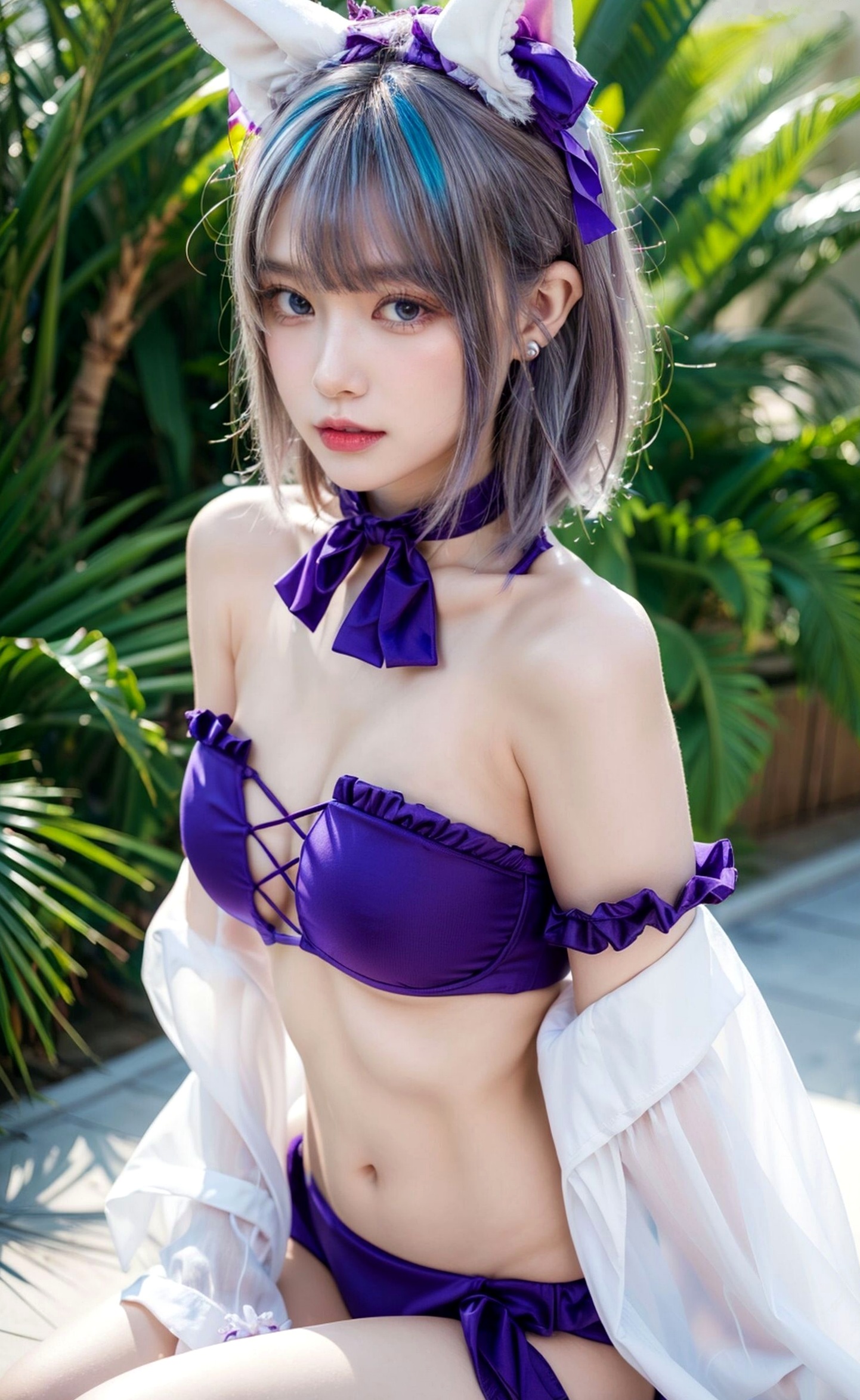 AI美女-拟实-紫色比基尼兽耳泳池场景 户外角色扮演性感写真