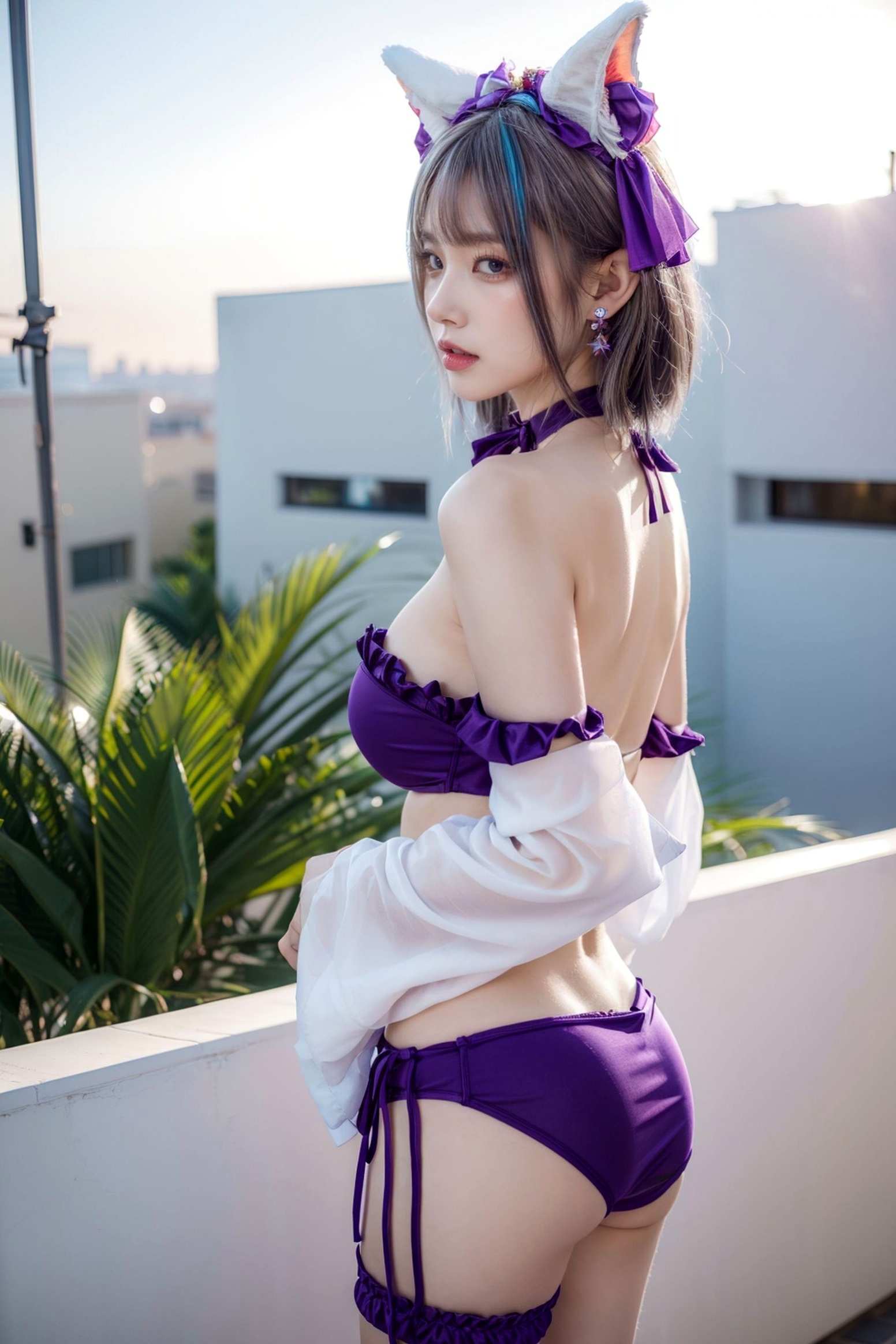 AI美女-拟实-紫色比基尼兽耳泳池场景 户外角色扮演性感写真