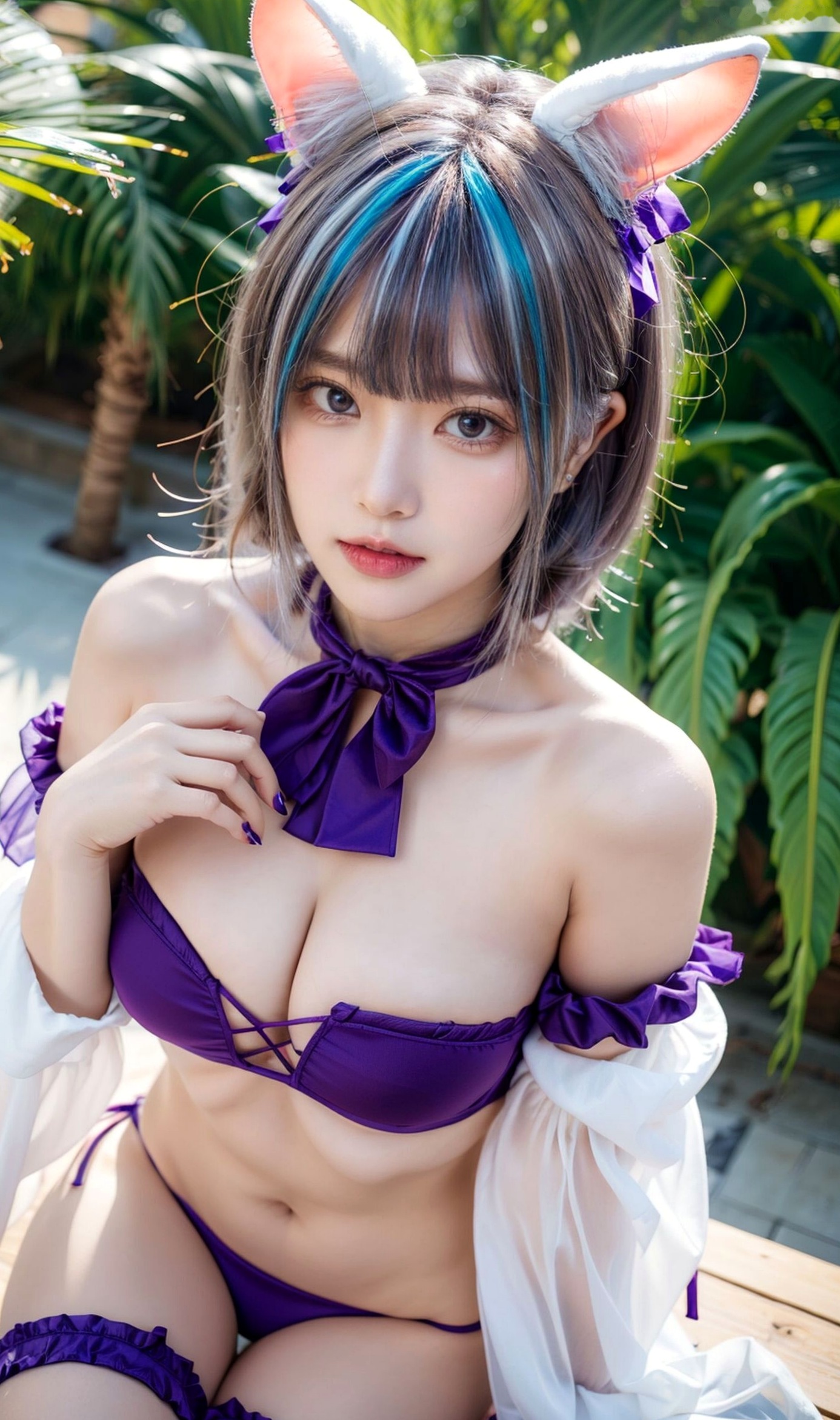 AI美女-拟实-紫色比基尼兽耳泳池场景 户外角色扮演性感写真