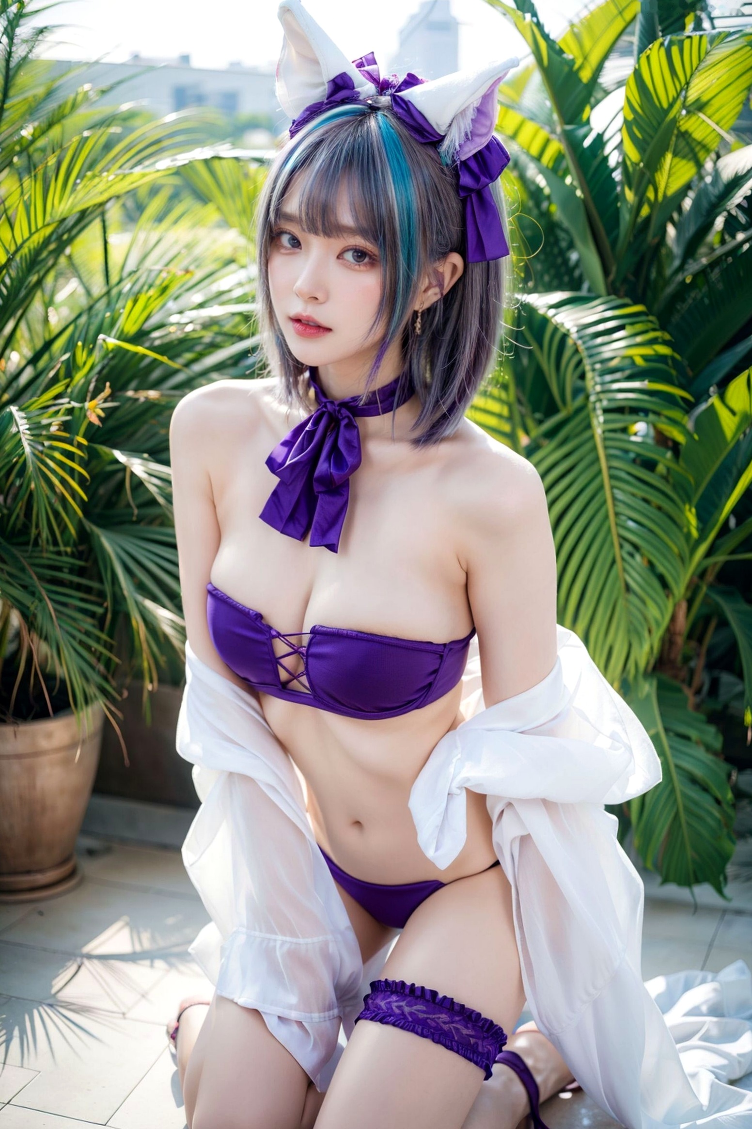 AI美女-拟实-紫色比基尼兽耳泳池场景 户外角色扮演性感写真