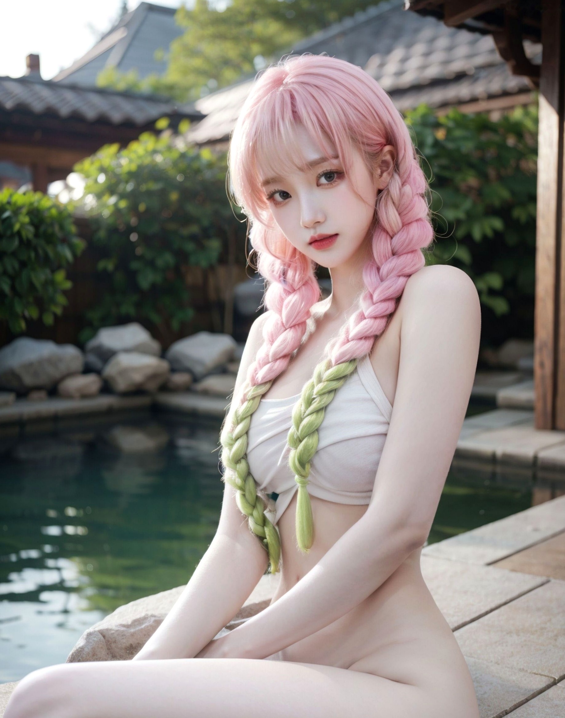 AI美女-拟实-粉色双辫子少女 户外泳池大尺度极品私房写真