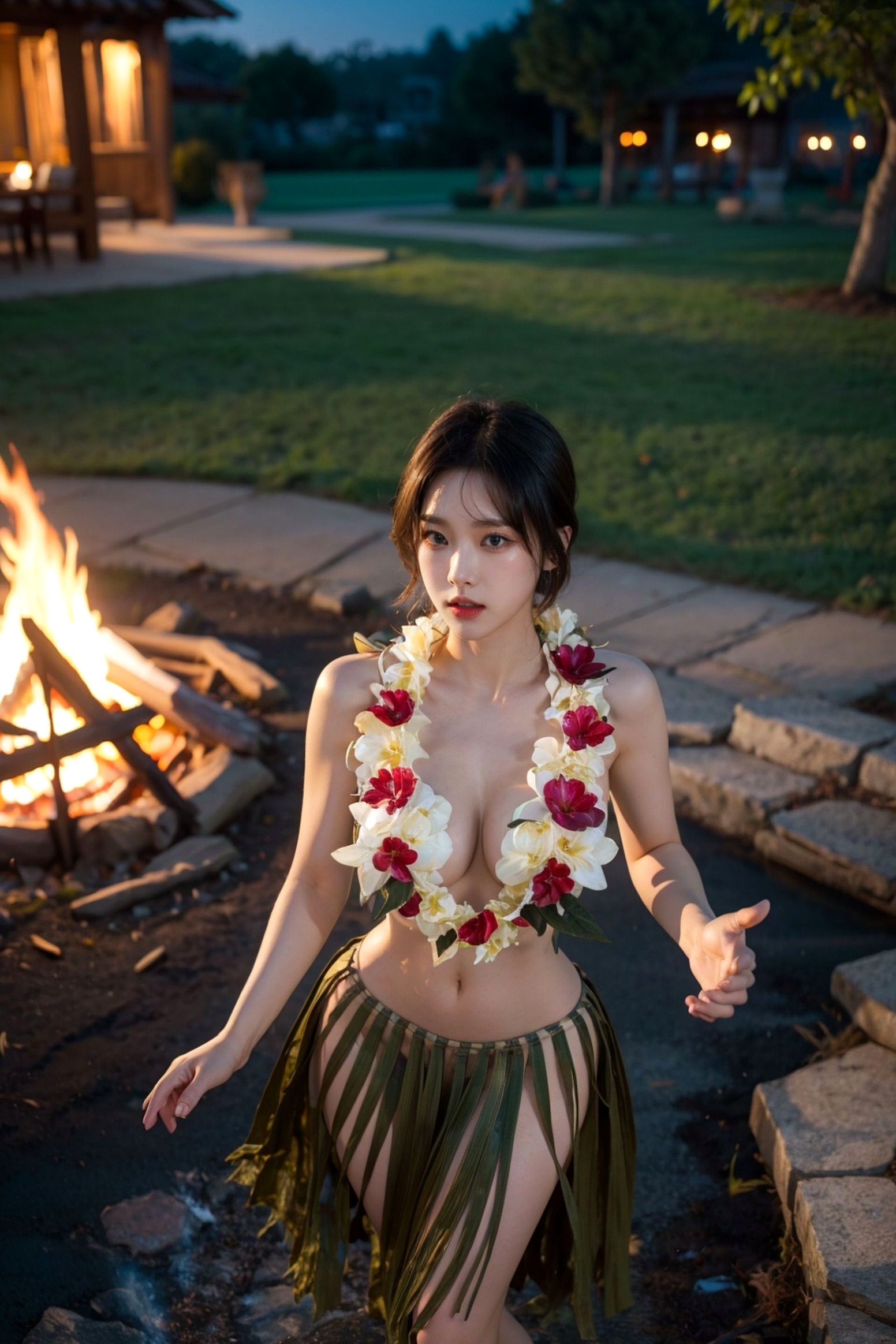 AI美女-拟实-夏威夷草裙花环少女篝火夜 热带风情户外夜景性感野性极品女神写真