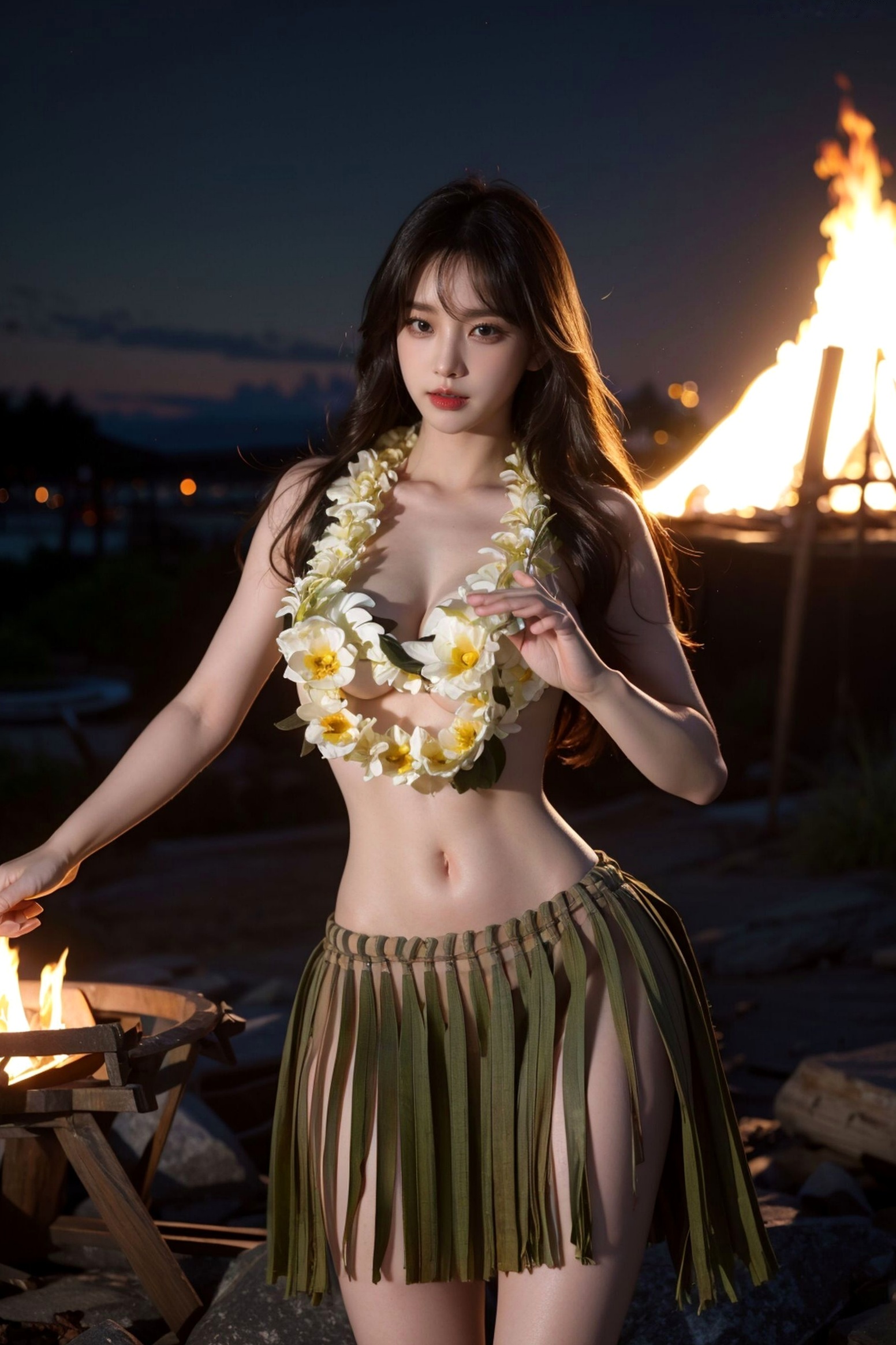 AI美女-拟实-夏威夷草裙花环少女篝火夜 热带风情户外夜景性感野性极品女神写真