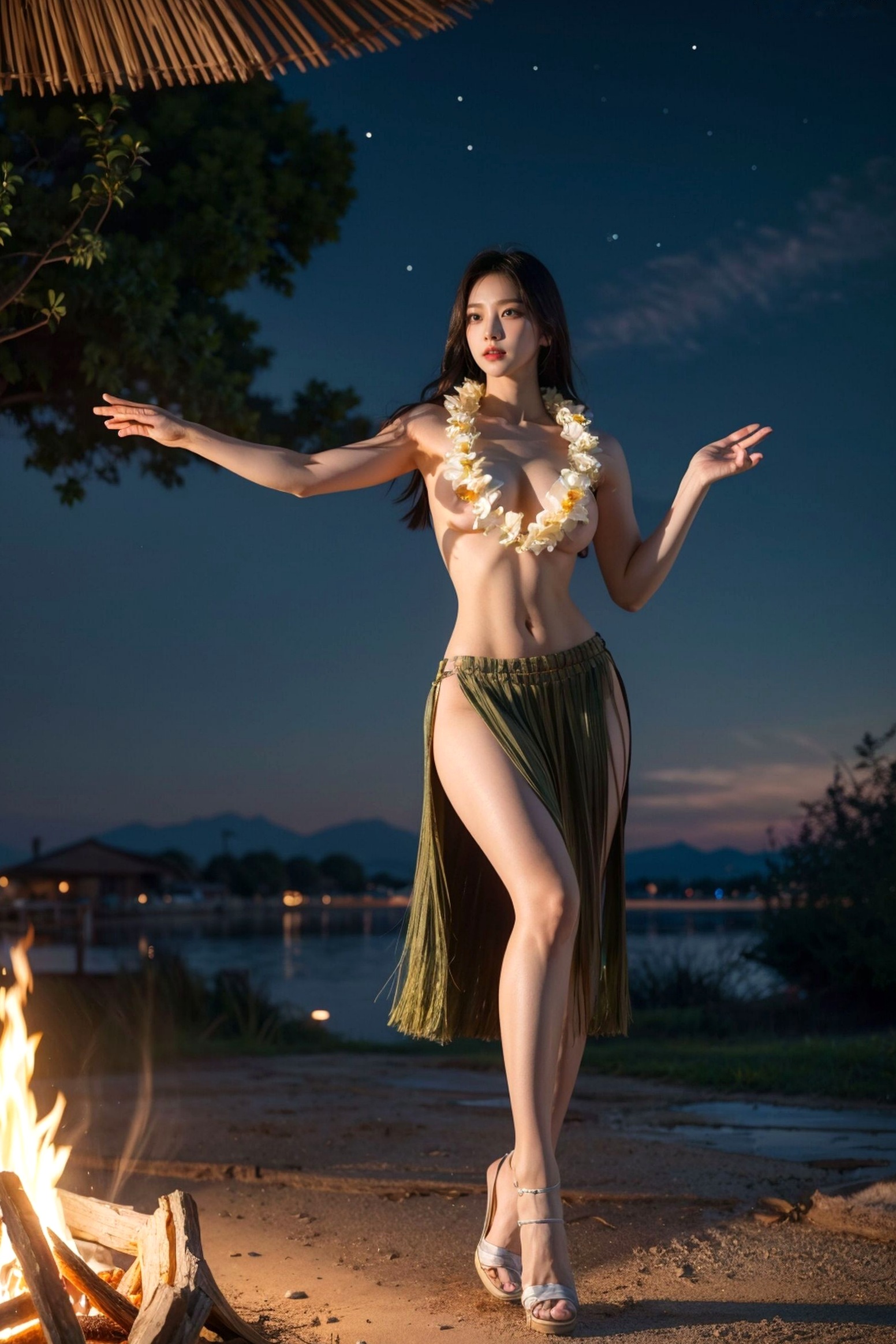 AI美女-拟实-夏威夷草裙花环少女篝火夜 热带风情户外夜景性感野性极品女神写真