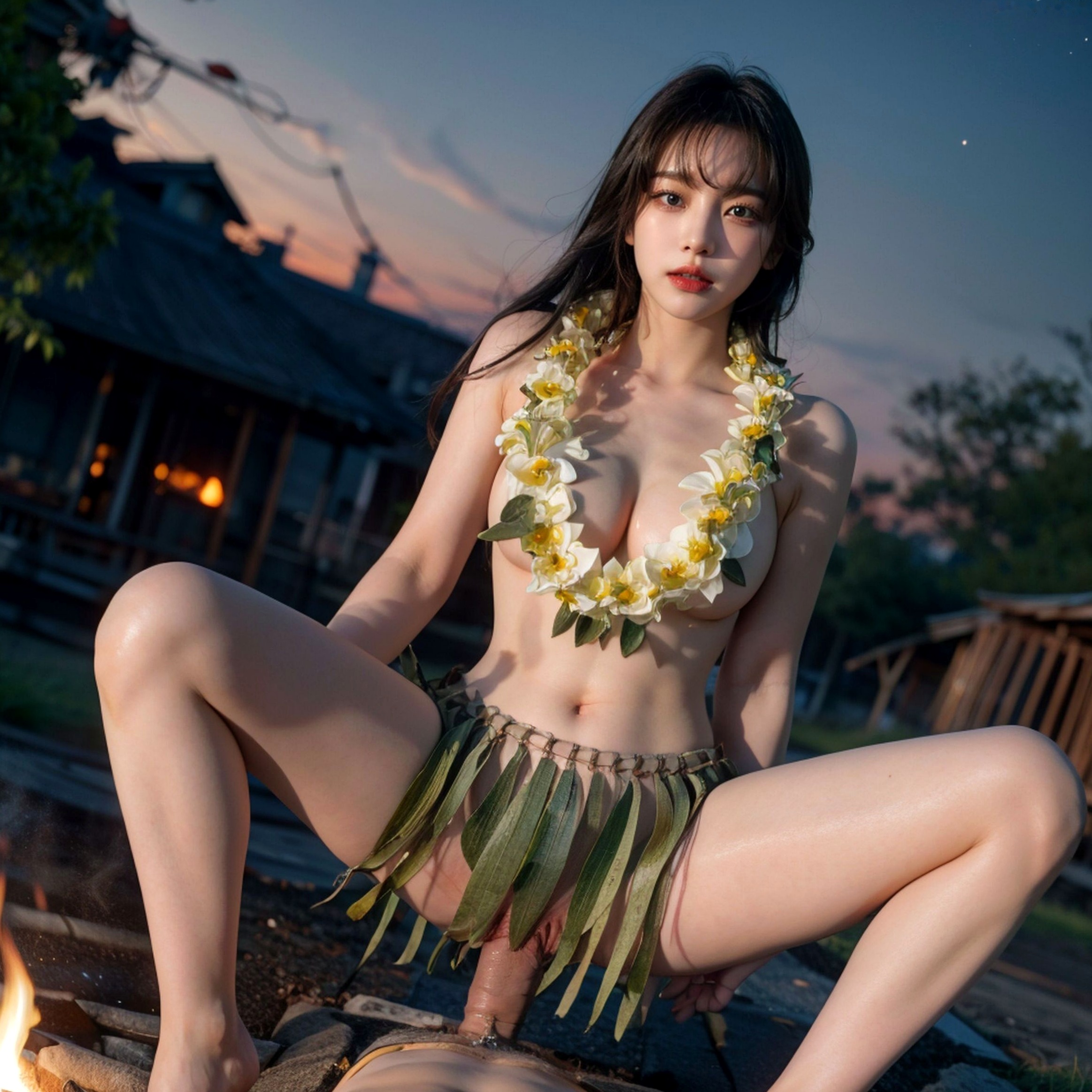 AI美女-拟实-夏威夷草裙花环少女篝火夜 热带风情户外夜景性感野性极品女神写真