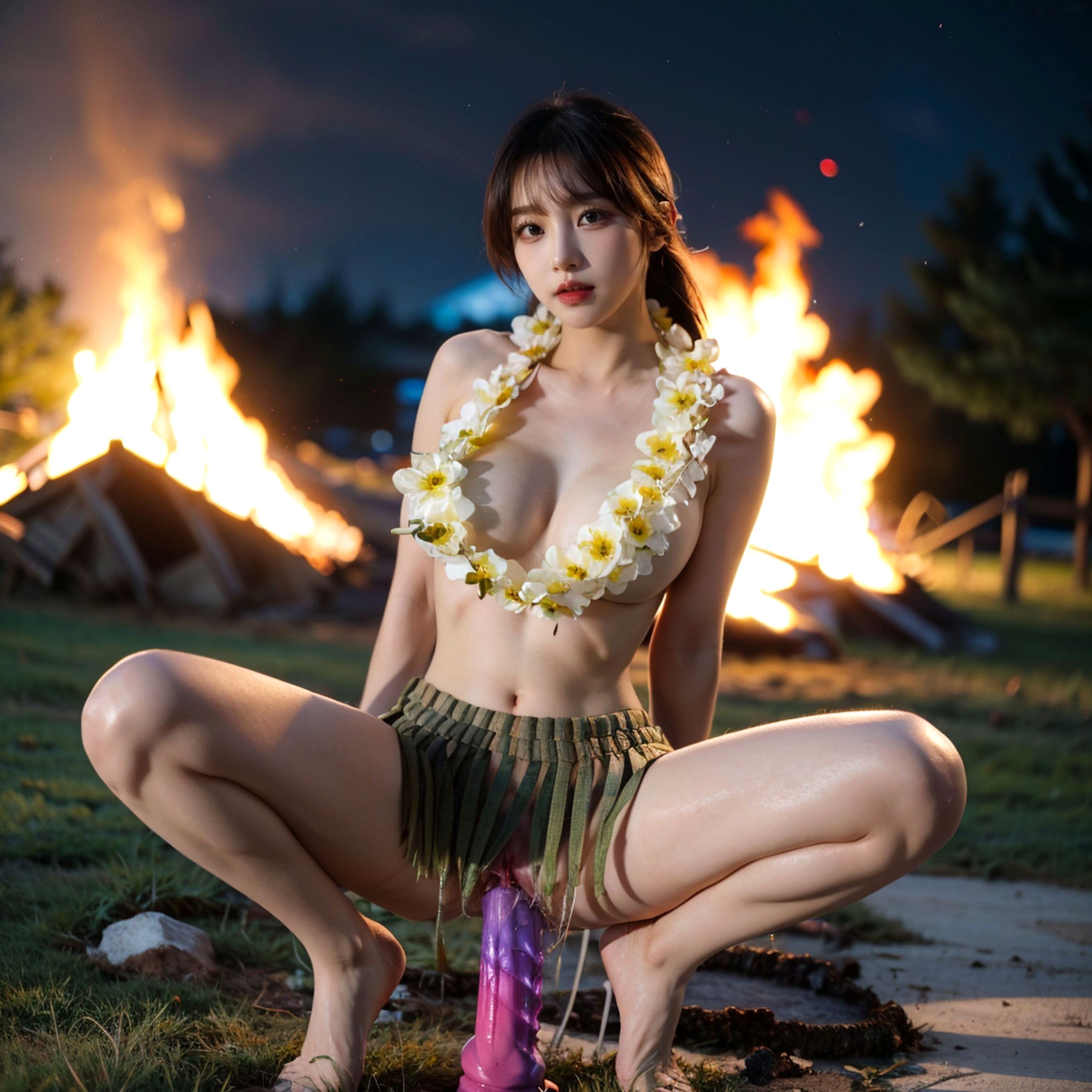 AI美女-拟实-夏威夷草裙花环少女篝火夜 热带风情户外夜景性感野性极品女神写真