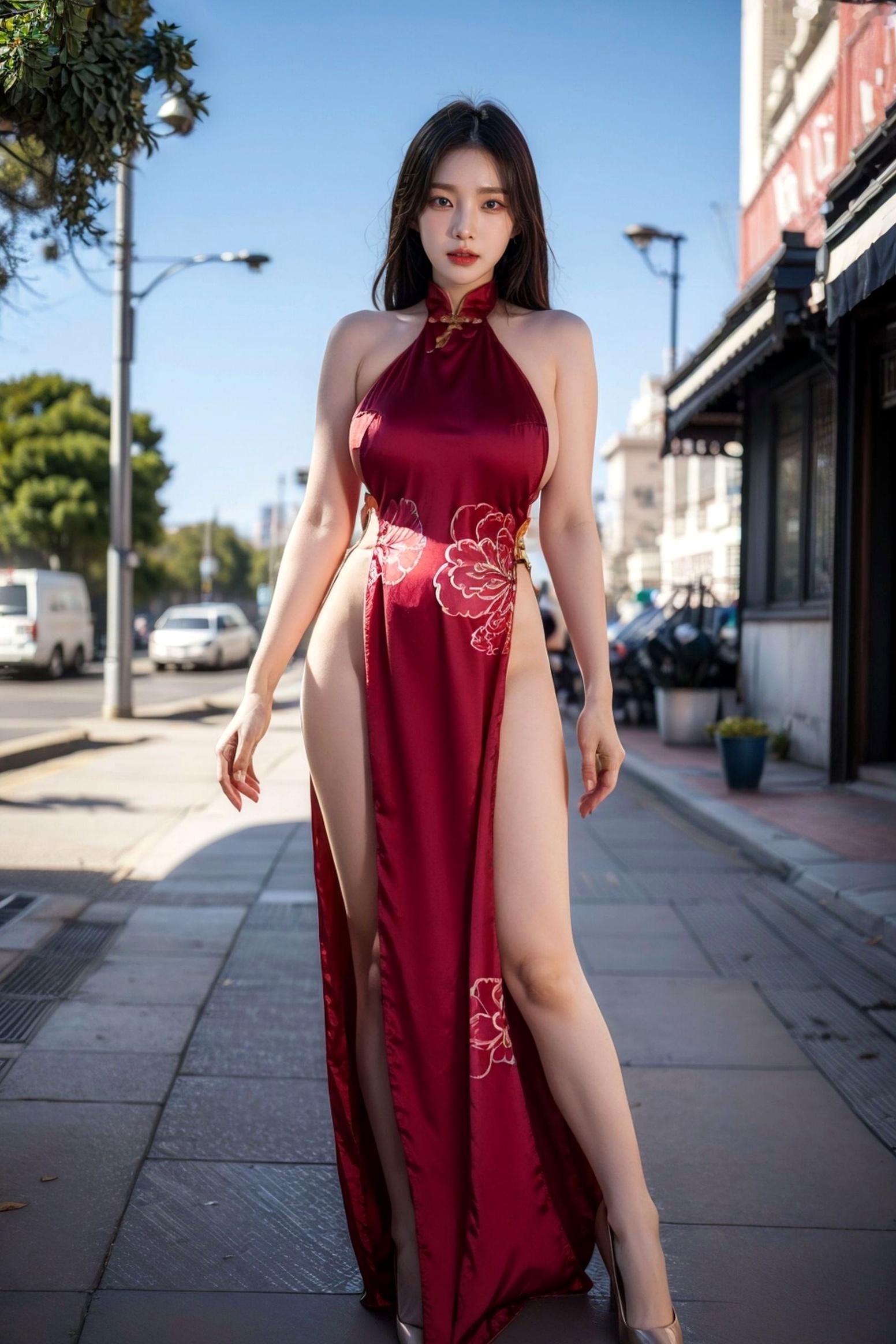 AI美女-拟实-情趣古风露背旗袍-红色长发版 户外街拍高开衩性感美臀大尺度诱惑写真