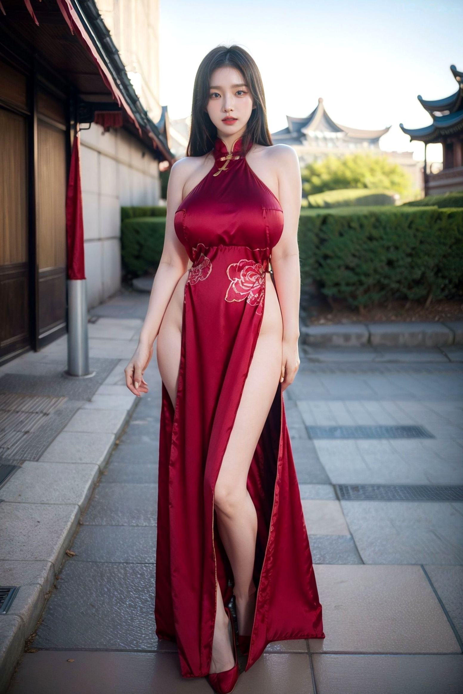 AI美女-拟实-情趣古风露背旗袍-红色长发版 户外街拍高开衩性感美臀大尺度诱惑写真