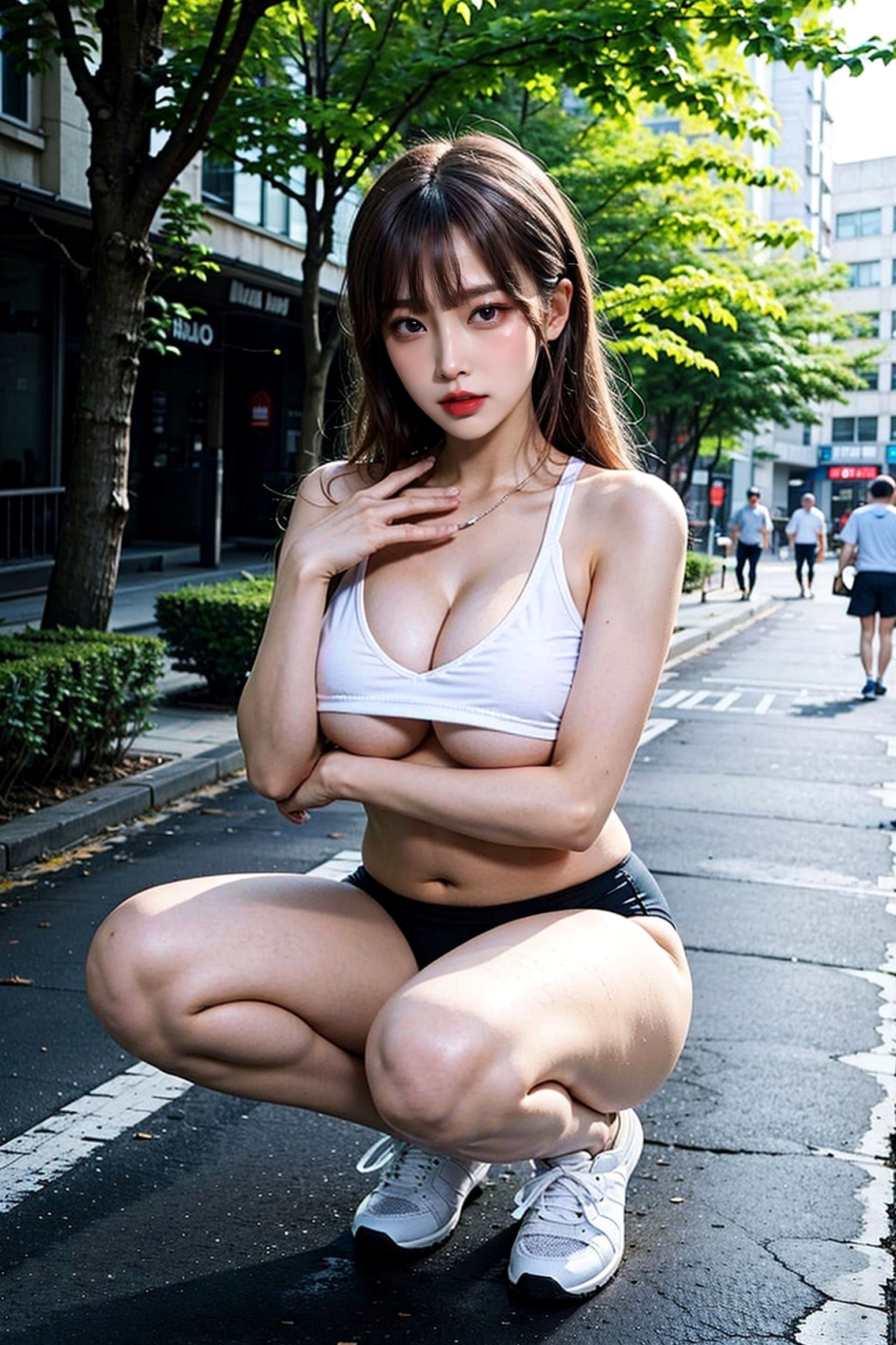 AI美女-拟实-白色运动吊带街拍 阳光户外极品性感女神写真