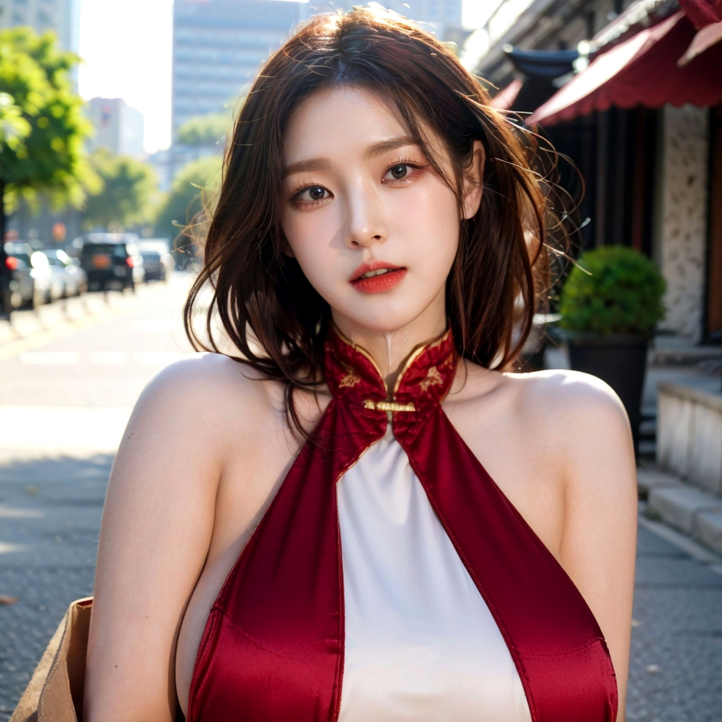 《AI美女-拟实-情趣古风露背旗袍-红色版》户外街拍性感国风写真