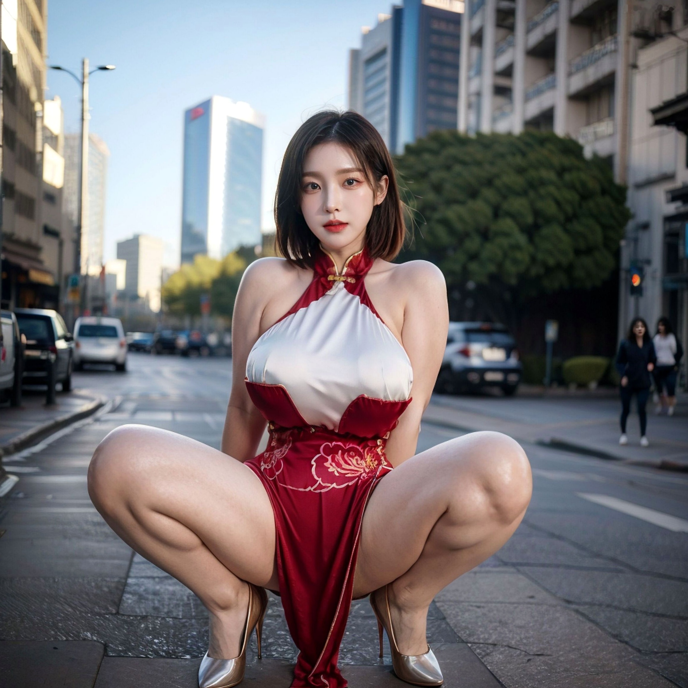 《AI美女-拟实-情趣古风露背旗袍-红色版》户外街拍性感国风写真