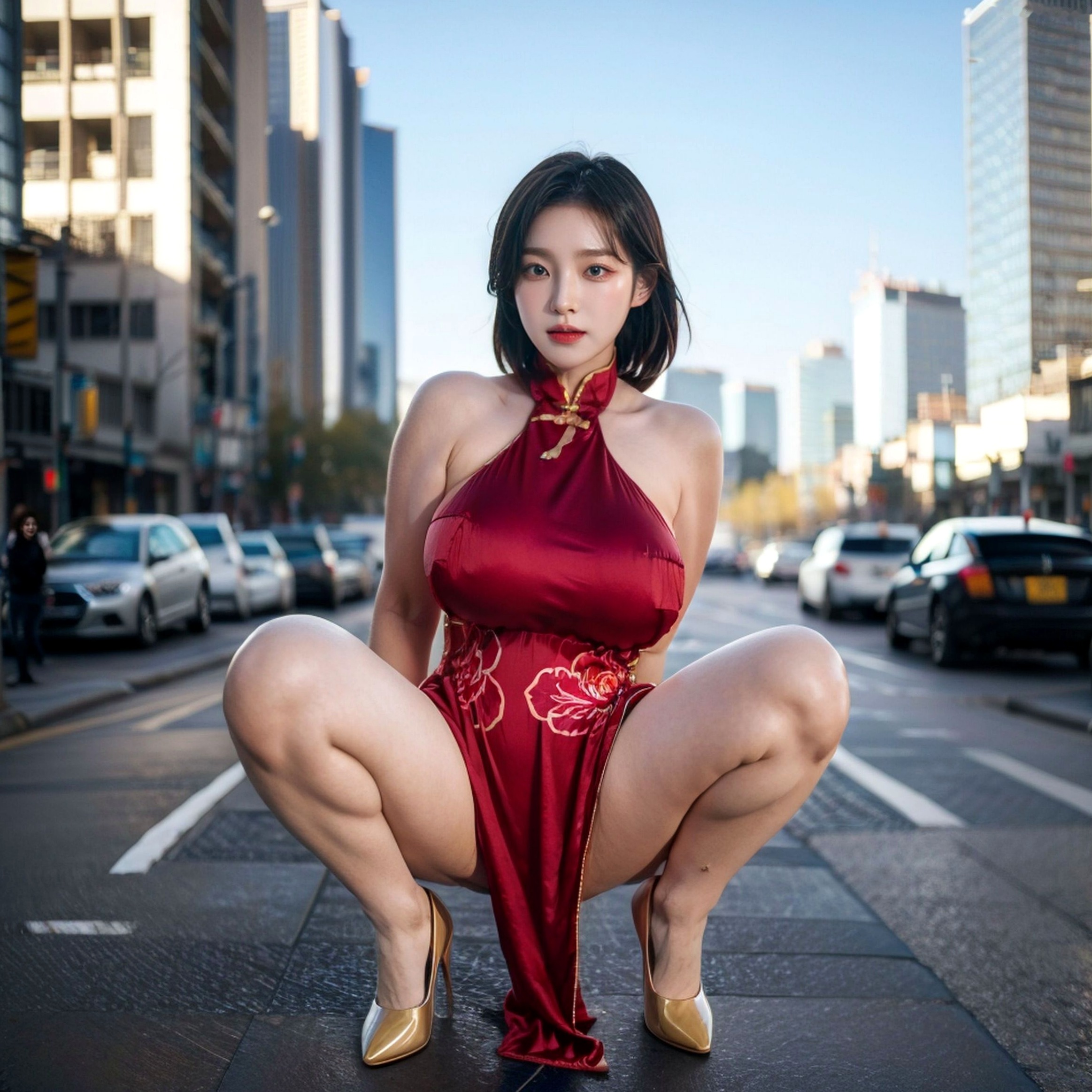 《AI美女-拟实-情趣古风露背旗袍-红色版》户外街拍性感国风写真