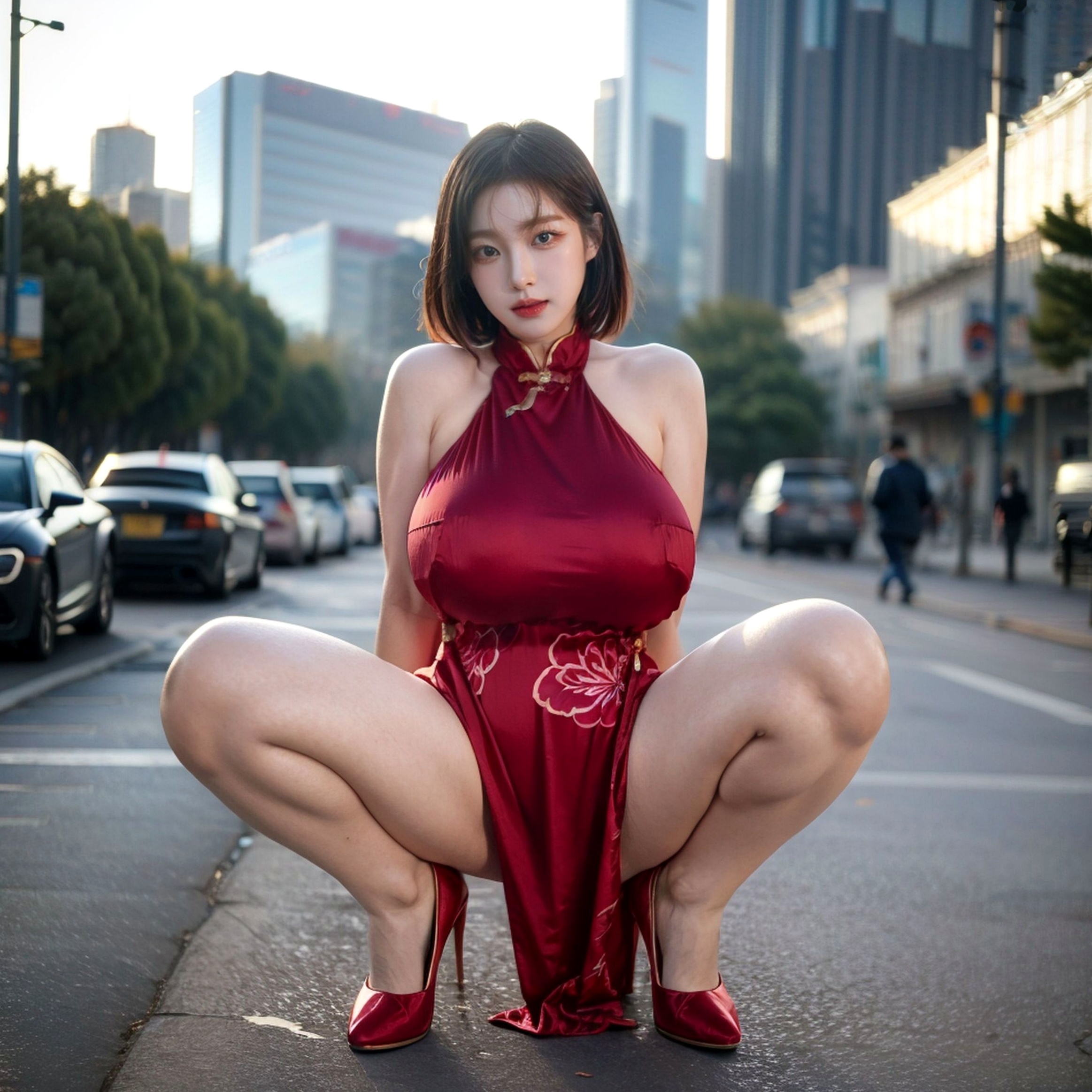 《AI美女-拟实-情趣古风露背旗袍-红色版》户外街拍性感国风写真