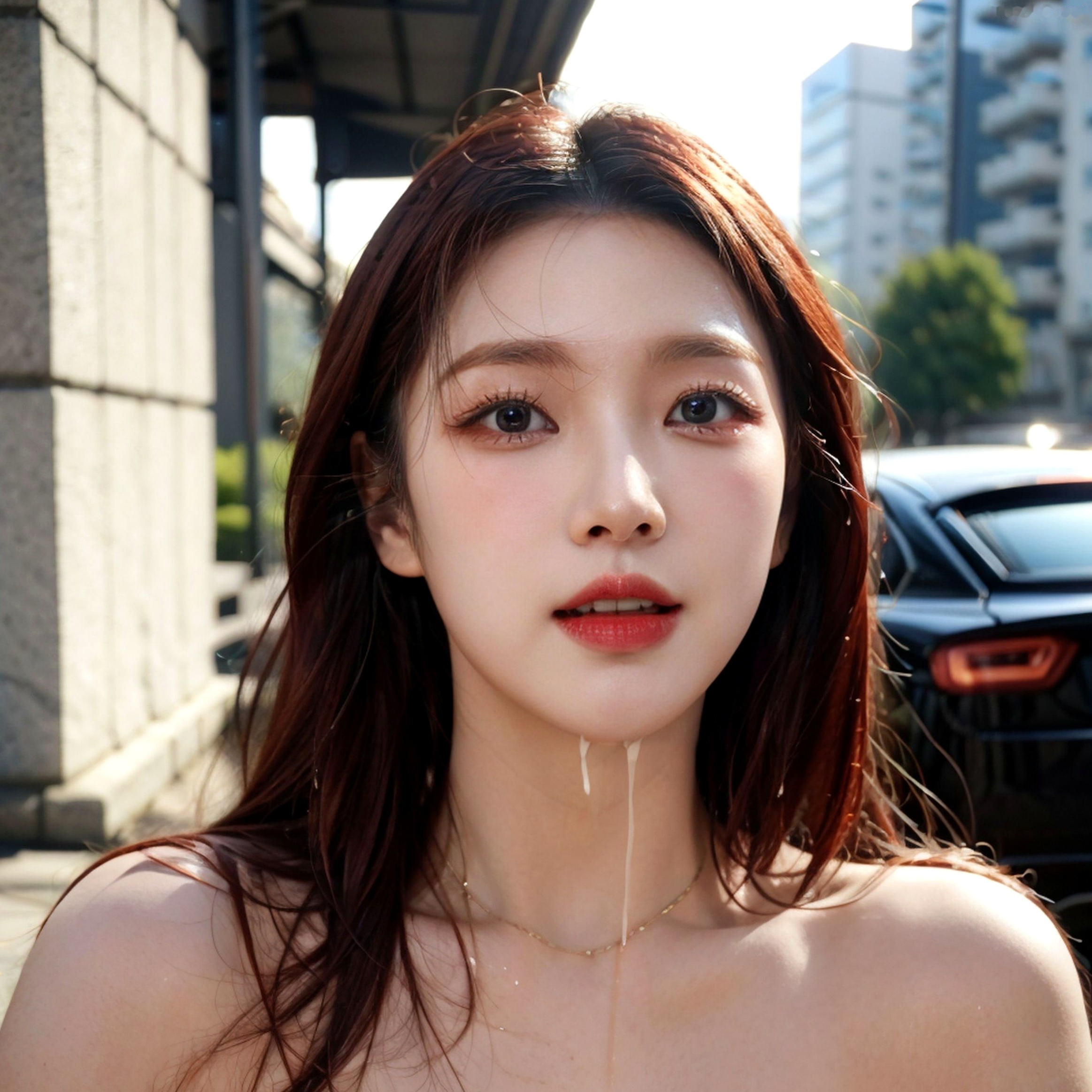 《AI美女-拟实-情趣古风露背旗袍-红色版》户外街拍性感国风写真