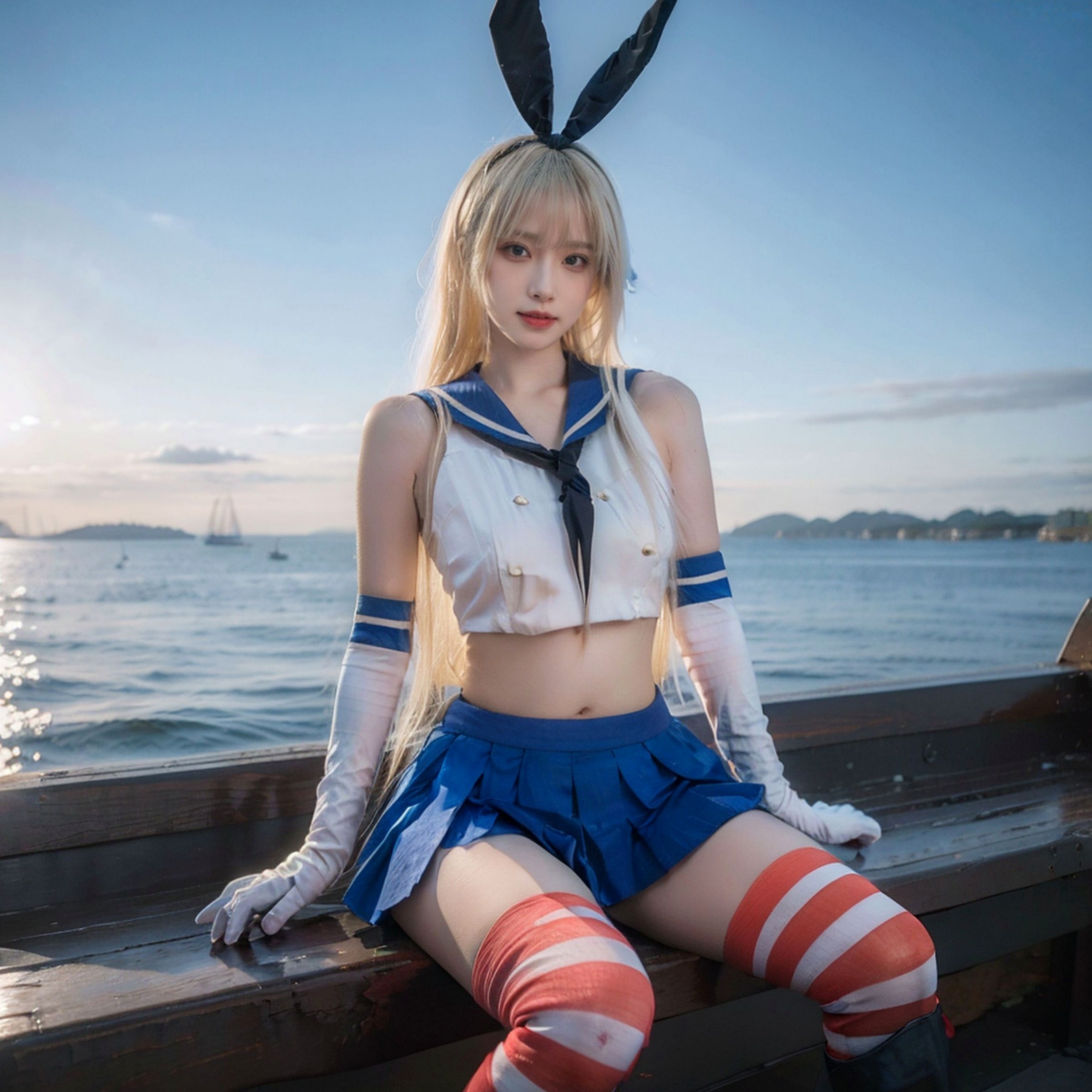 AI美女-拟实-水手服兔女郎军舰 海边沙滩户外性感二次元角色扮演写真