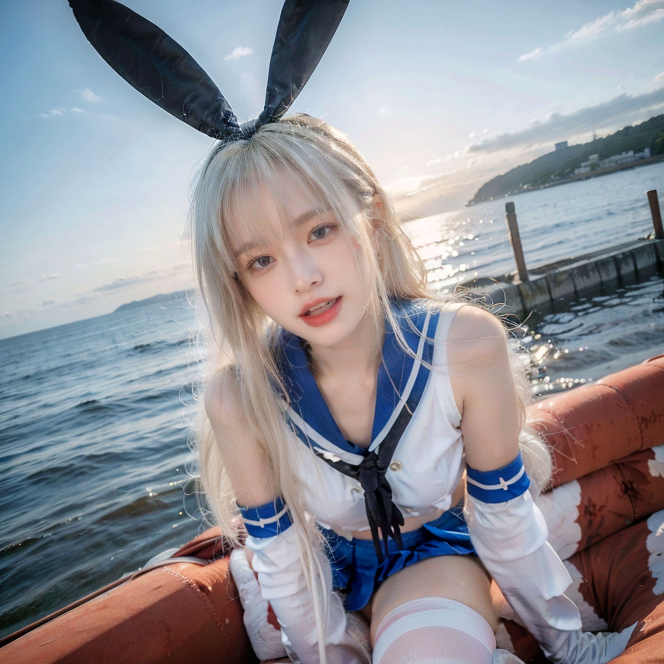 AI美女-拟实-水手服兔女郎军舰 海边沙滩户外性感二次元角色扮演写真
