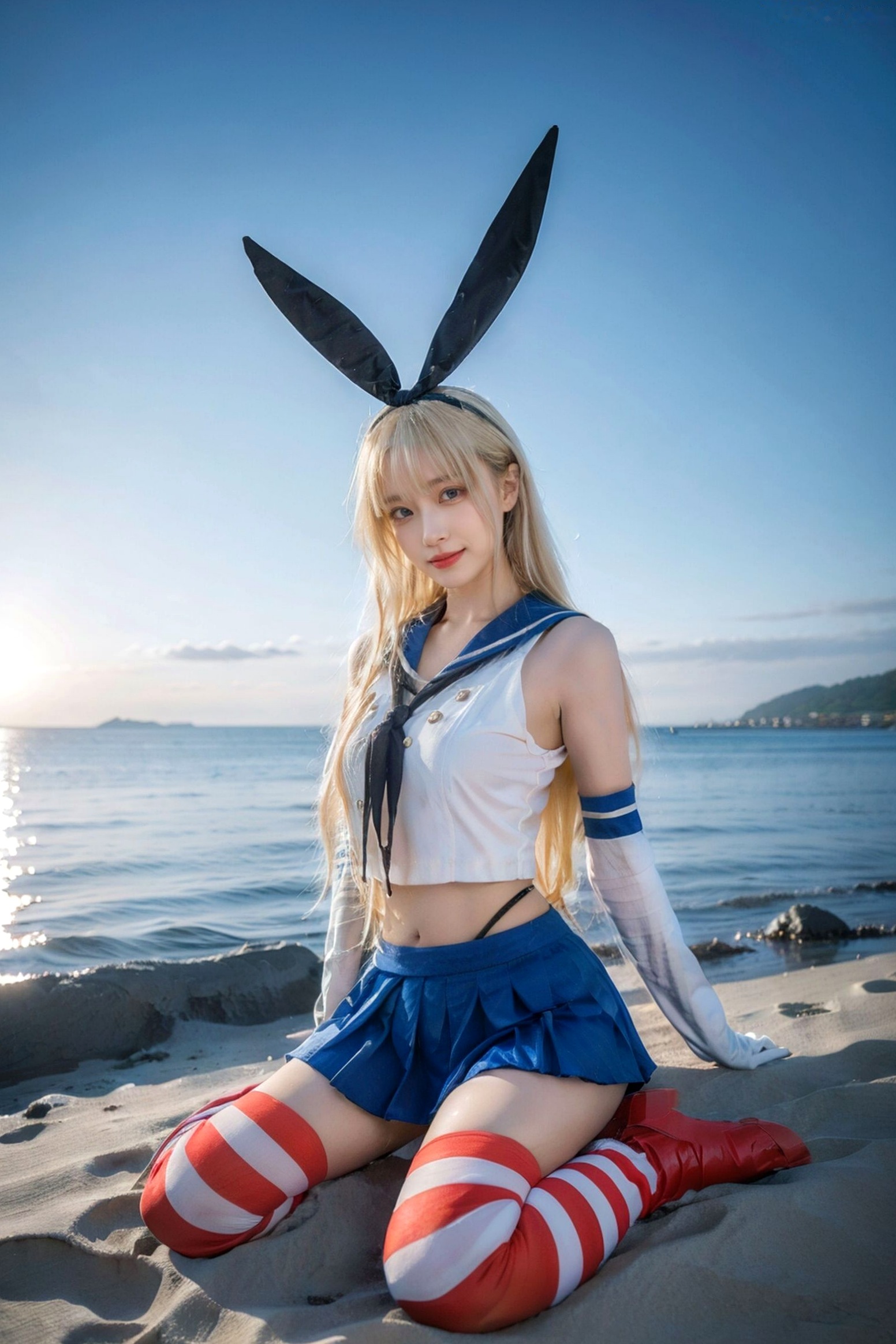 AI美女-拟实-水手服兔女郎军舰 海边沙滩户外性感二次元角色扮演写真