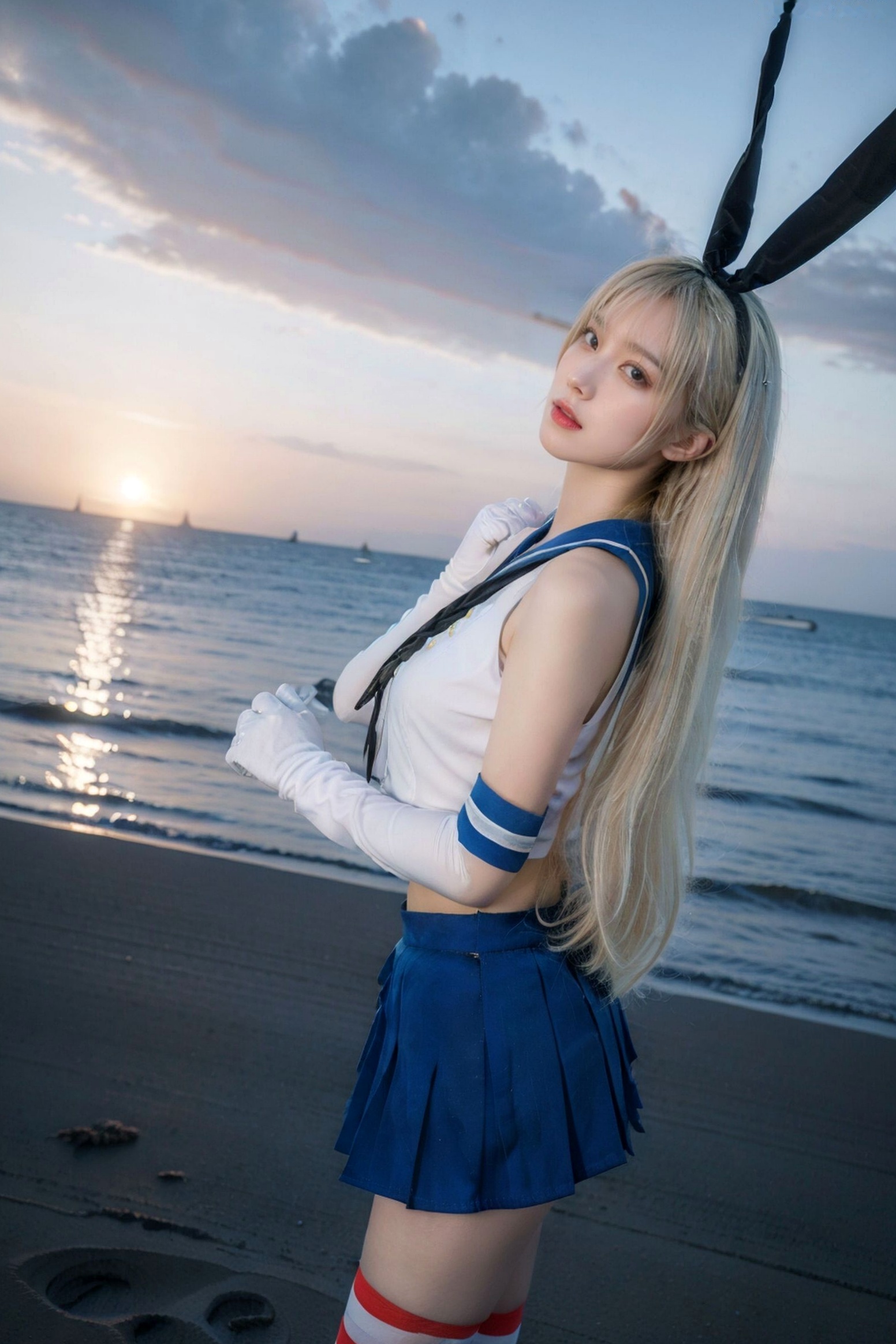 AI美女-拟实-水手服兔女郎军舰 海边沙滩户外性感二次元角色扮演写真
