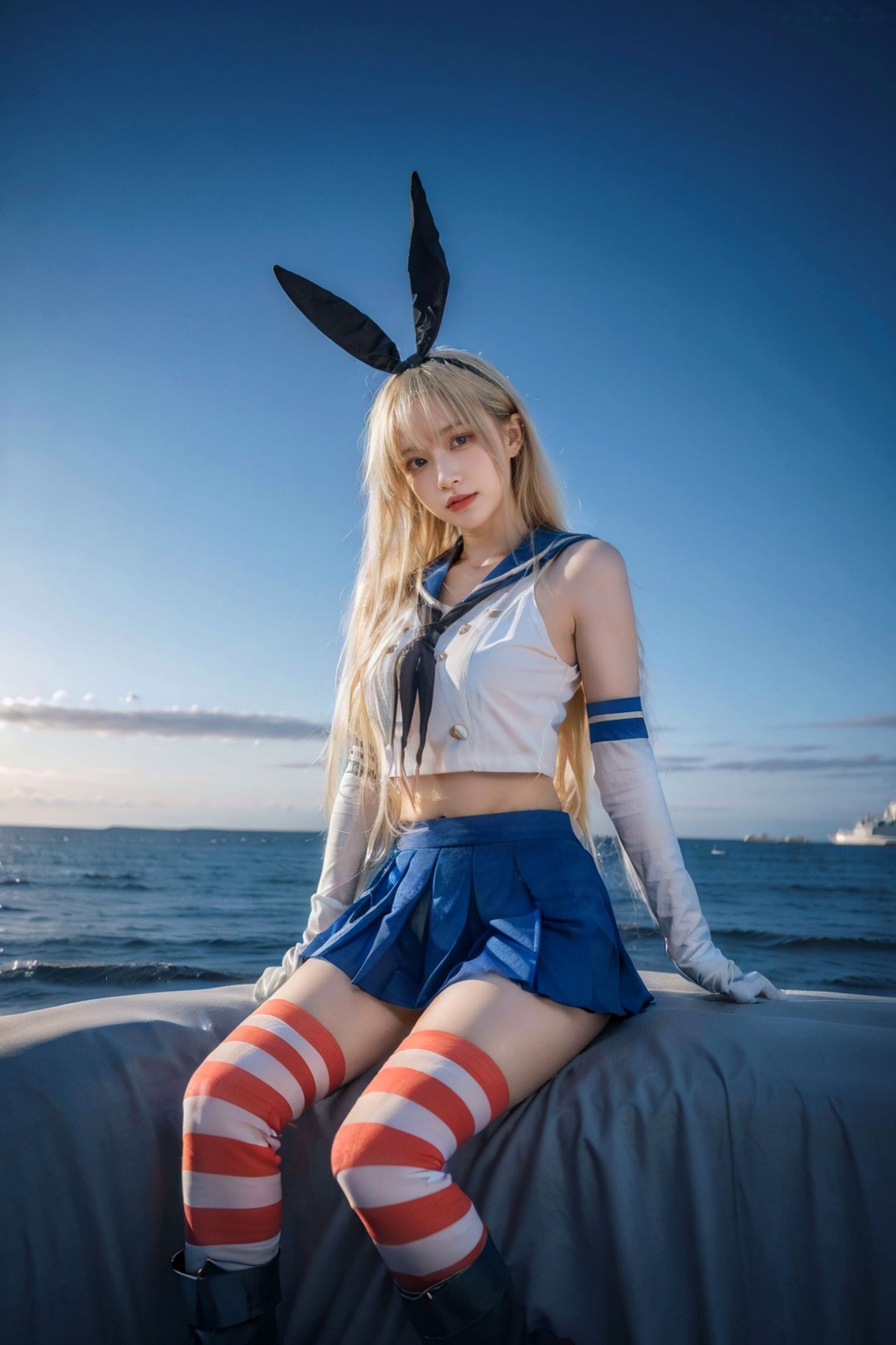 AI美女-拟实-水手服兔女郎军舰 海边沙滩户外性感二次元角色扮演写真