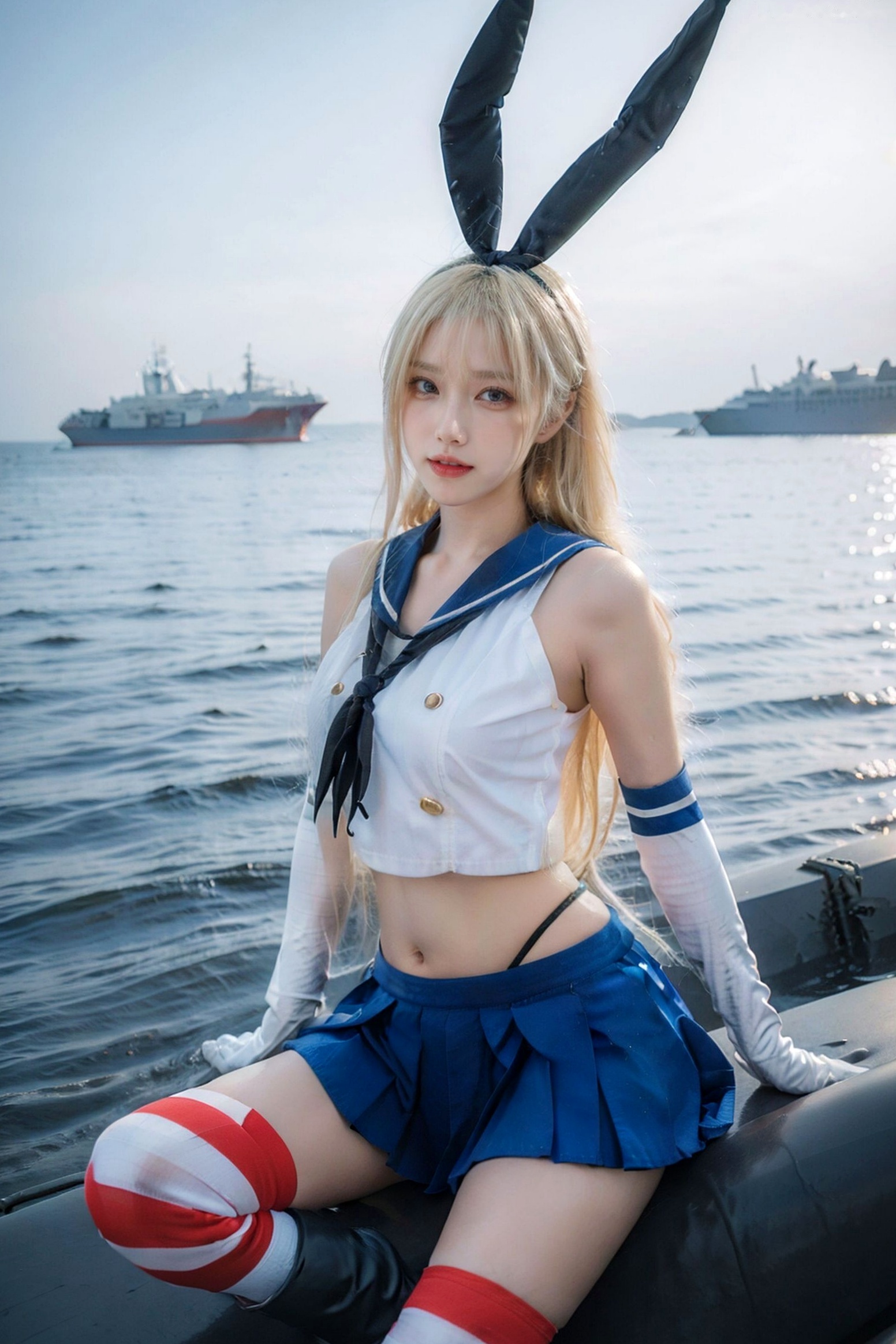 AI美女-拟实-水手服兔女郎军舰 海边沙滩户外性感二次元角色扮演写真