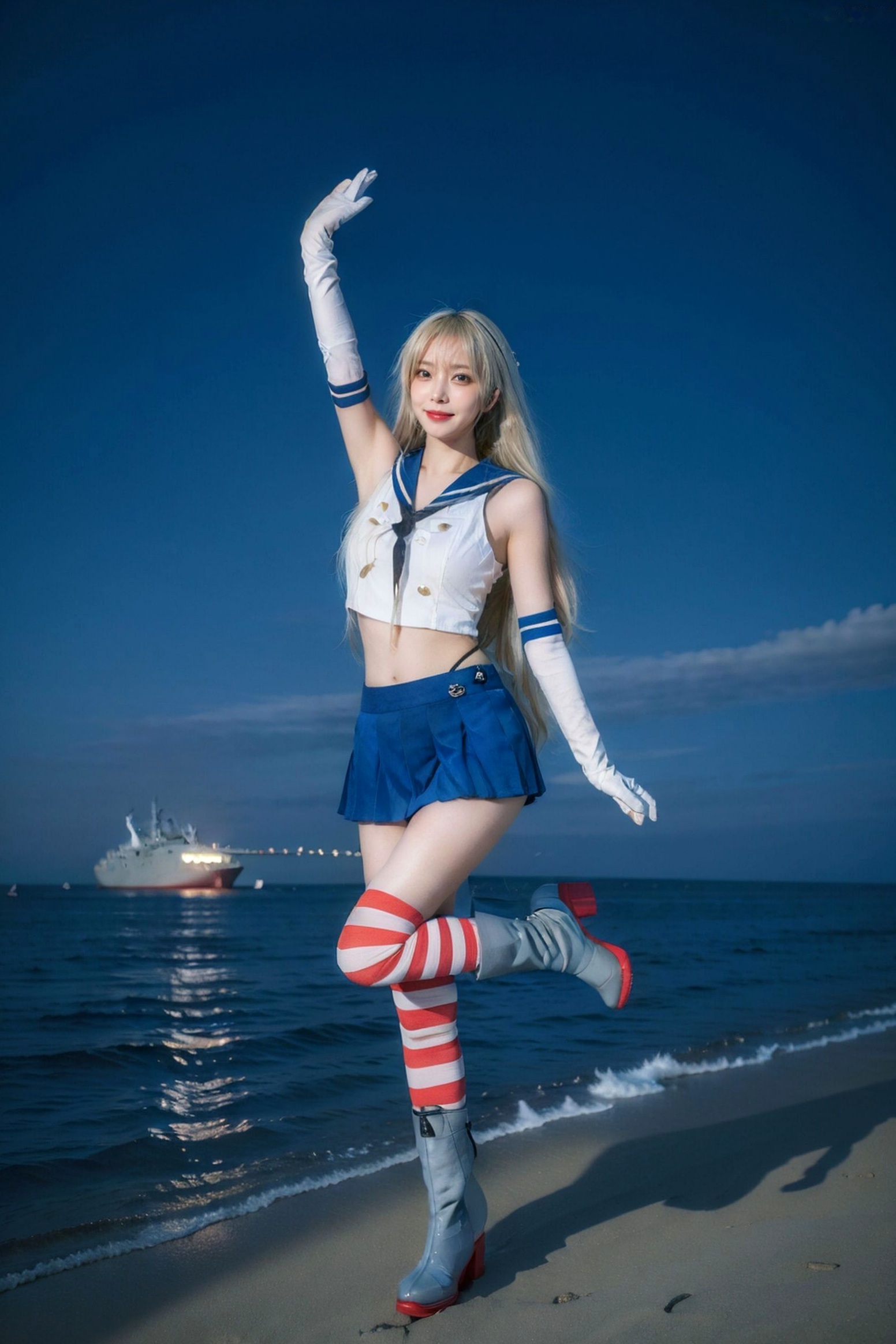 AI美女-拟实-水手服兔女郎军舰 海边沙滩户外性感二次元角色扮演写真