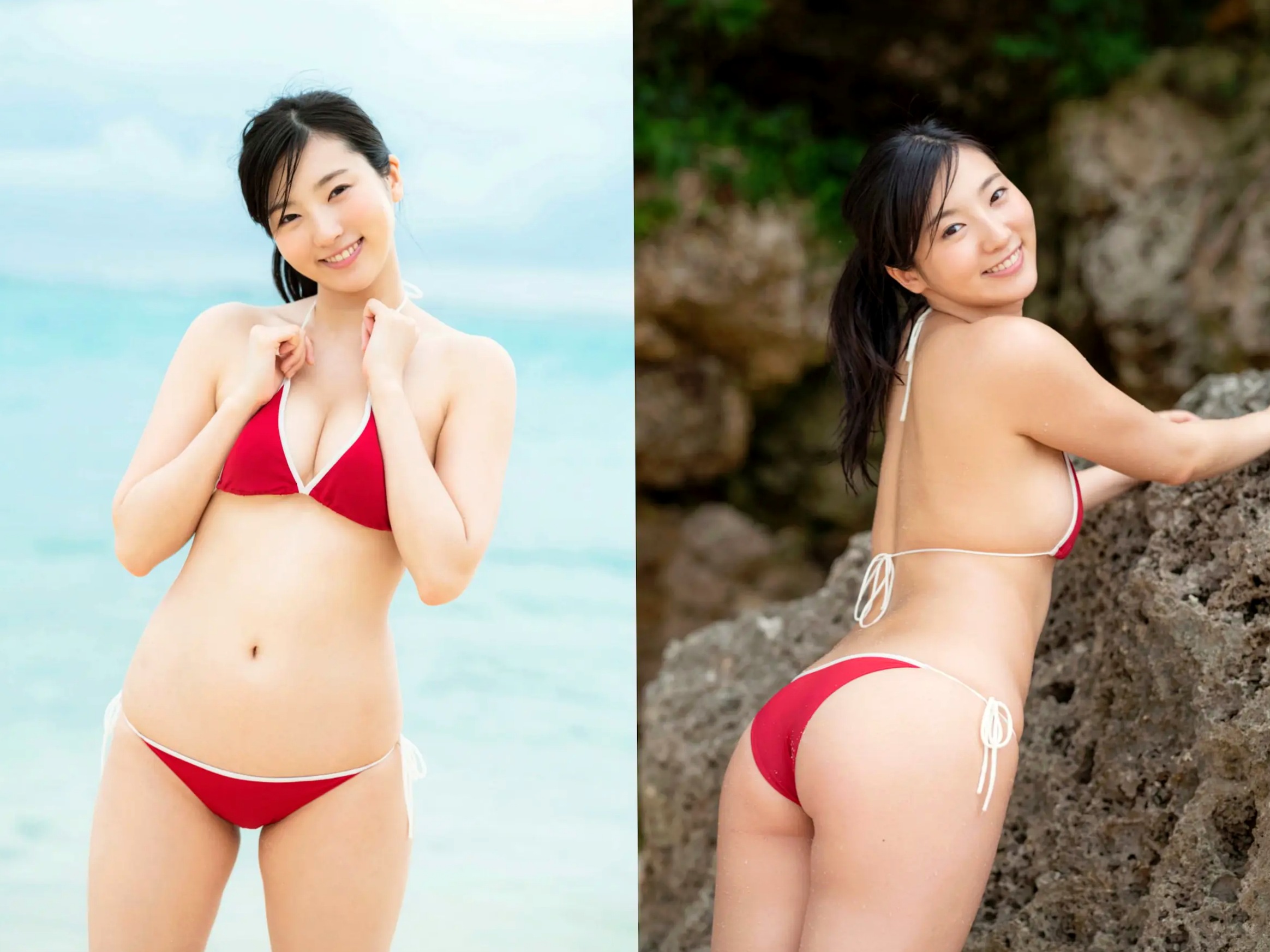 福井セリナ - LUCKY,身穿红色比基尼海滩嬉戏,与室内老爷车及泳池旁清新性感泳装私房美照,勾勒日本尤物曼妙身材