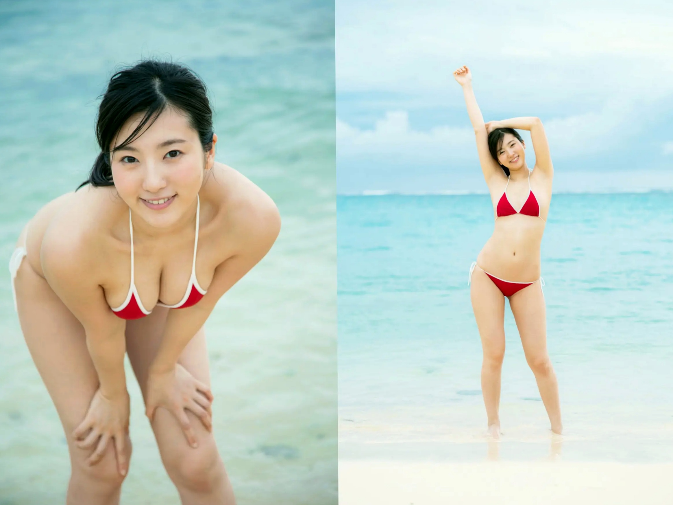 福井セリナ - LUCKY,身穿红色比基尼海滩嬉戏,与室内老爷车及泳池旁清新性感泳装私房美照,勾勒日本尤物曼妙身材