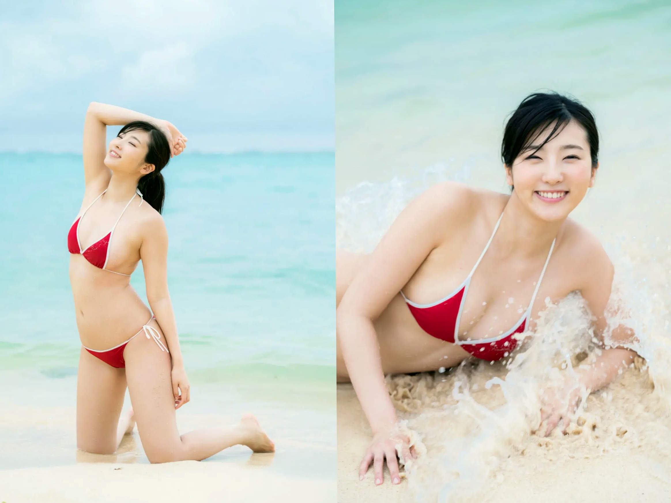 福井セリナ - LUCKY,身穿红色比基尼海滩嬉戏,与室内老爷车及泳池旁清新性感泳装私房美照,勾勒日本尤物曼妙身材