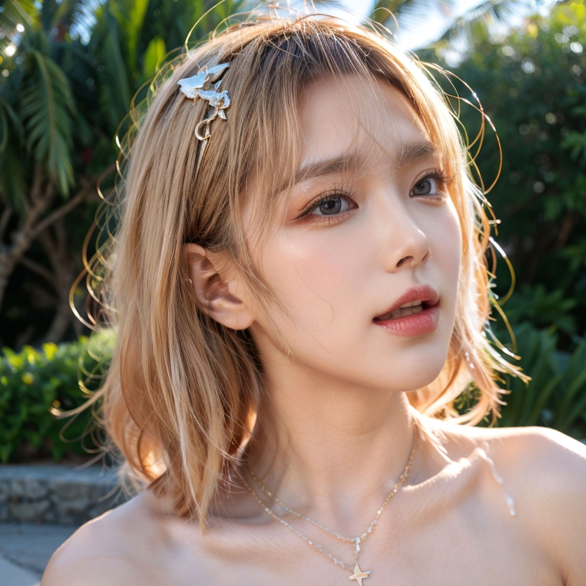 AI美女-拟实-桔色外套白色超小比基尼金色短发美女 阳光泳池度假风户外极品性感写真