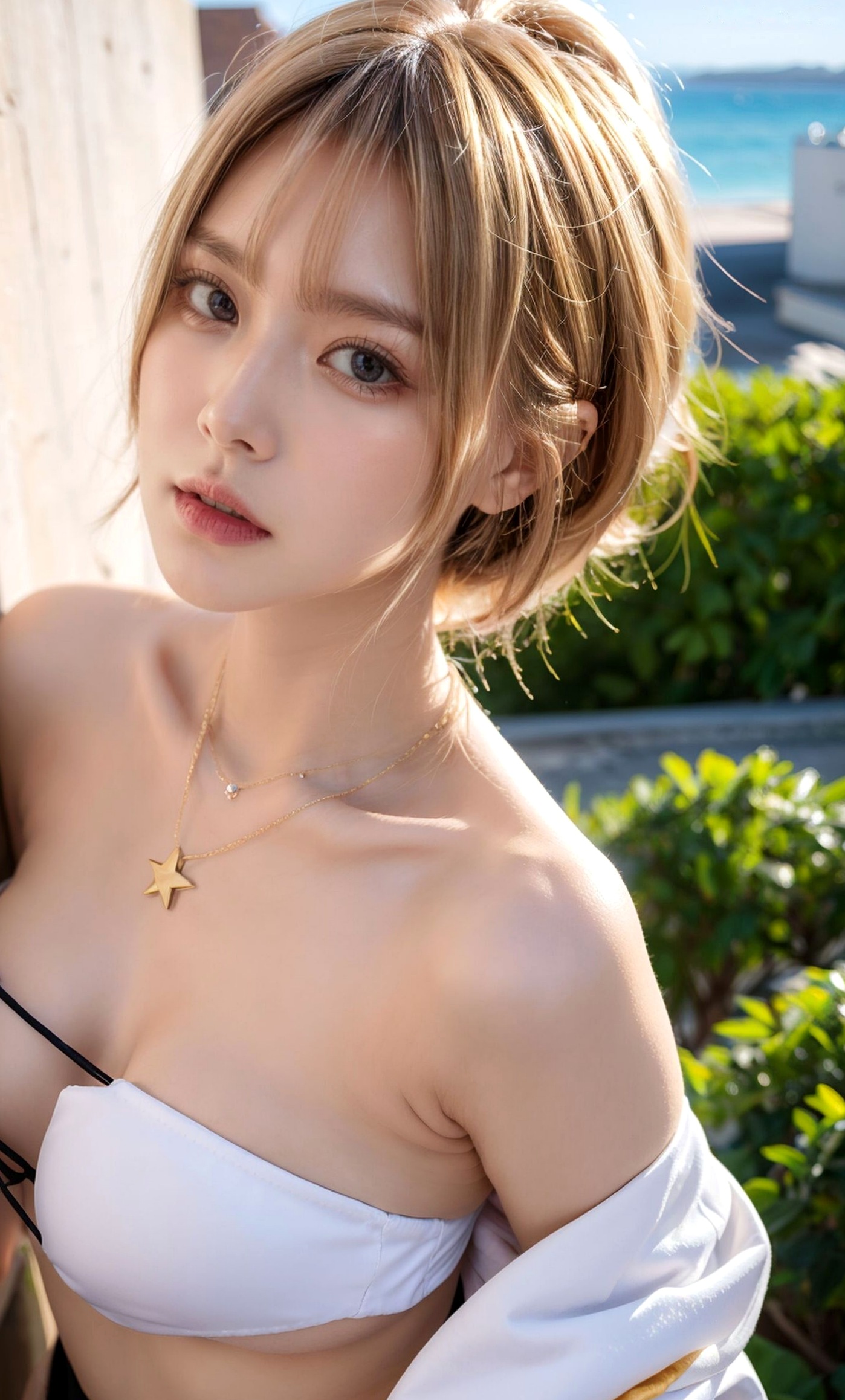 AI美女-拟实-桔色外套白色超小比基尼金色短发美女 阳光泳池度假风户外极品性感写真
