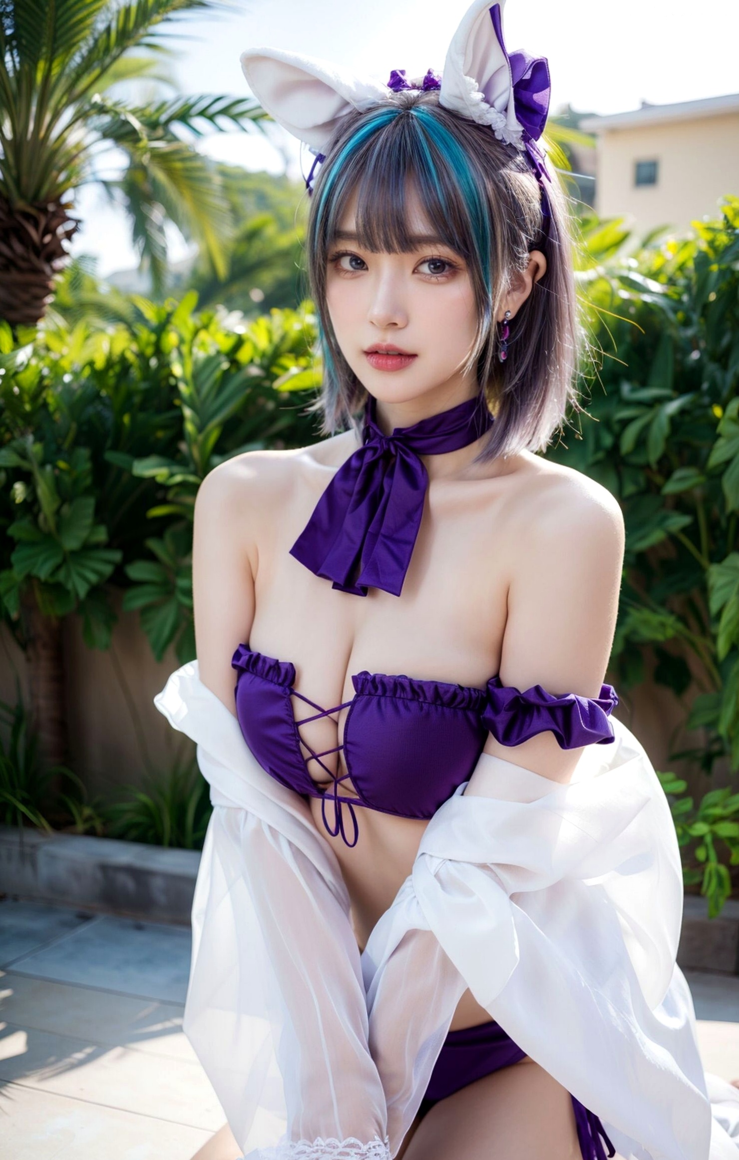 AI美女-拟实-紫色比基尼兽耳泳池场景 户外角色扮演性感写真
