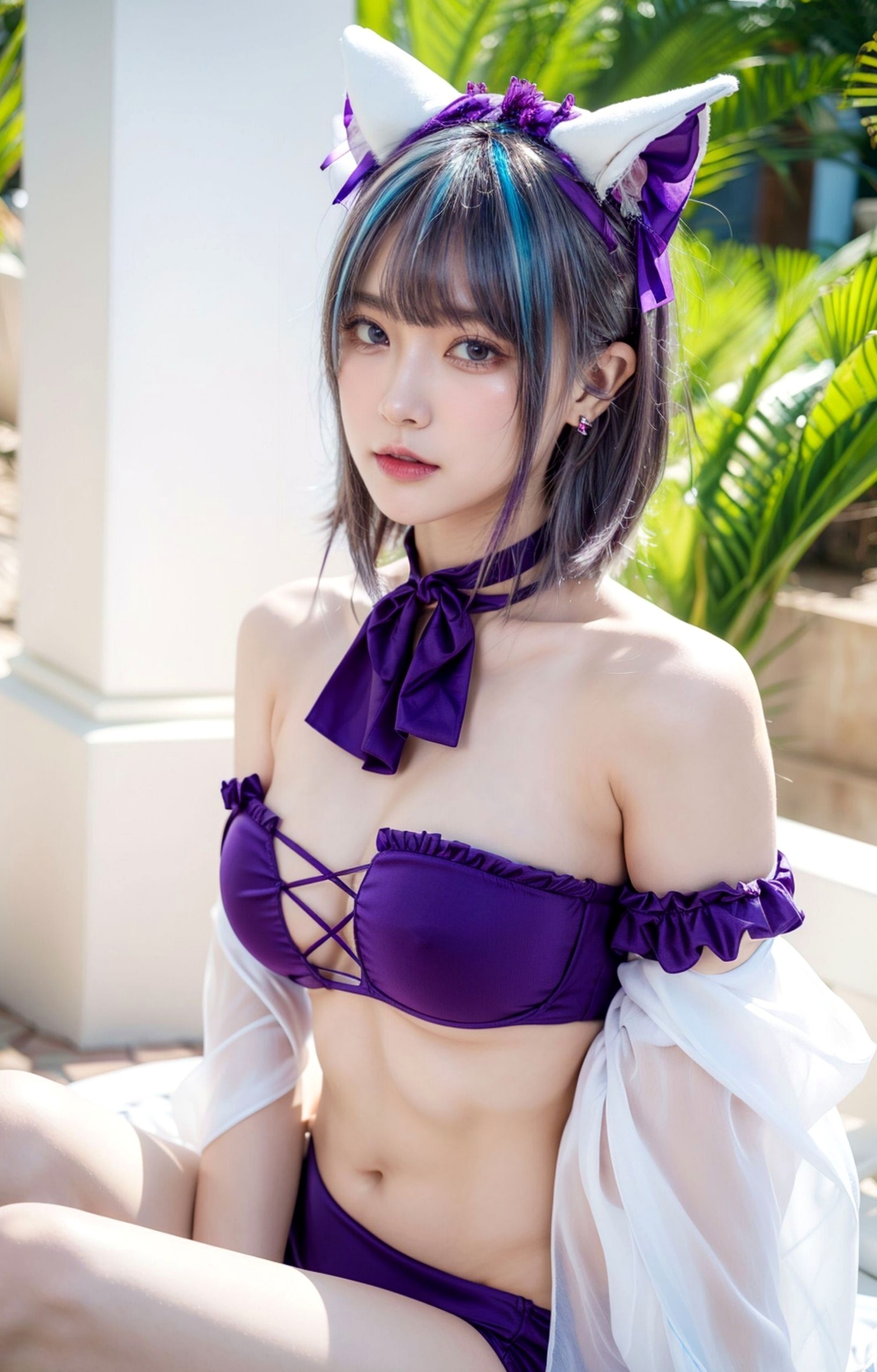 AI美女-拟实-紫色比基尼兽耳泳池场景 户外角色扮演性感写真