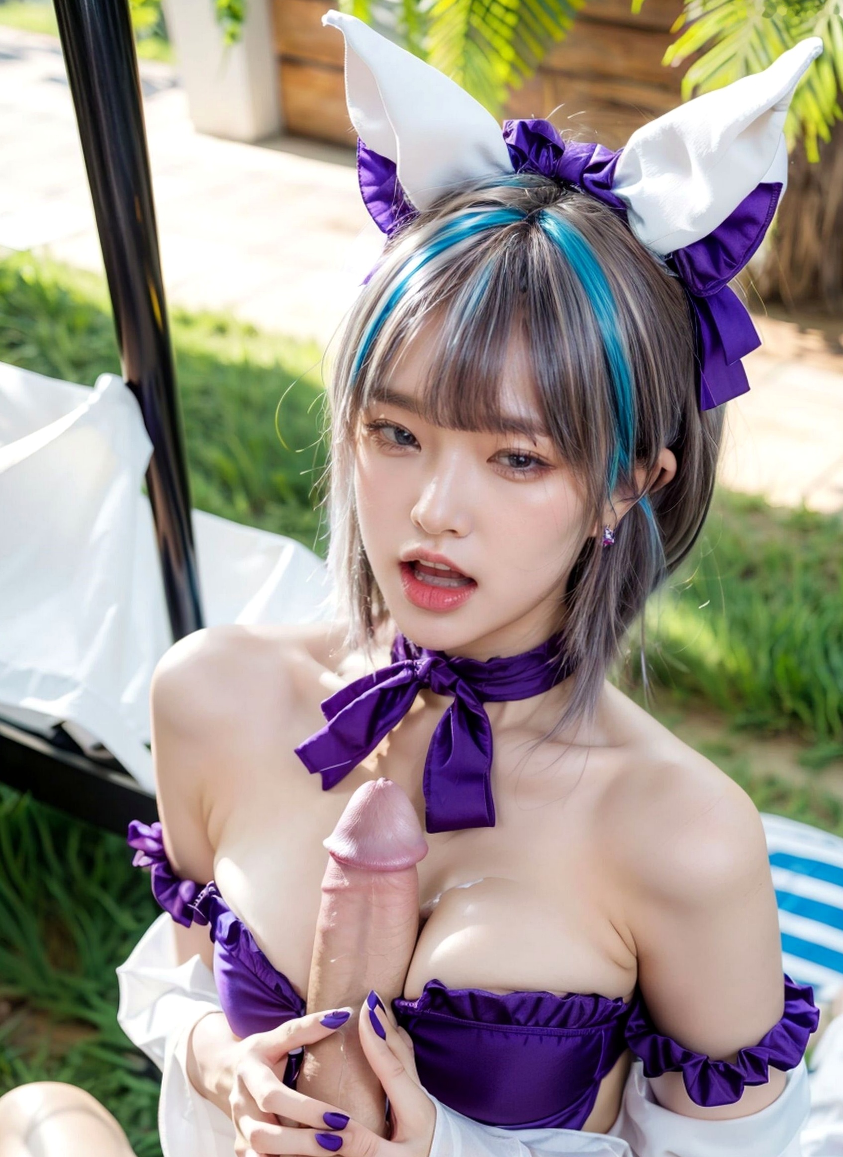 AI美女-拟实-紫色比基尼兽耳泳池场景 户外角色扮演性感写真