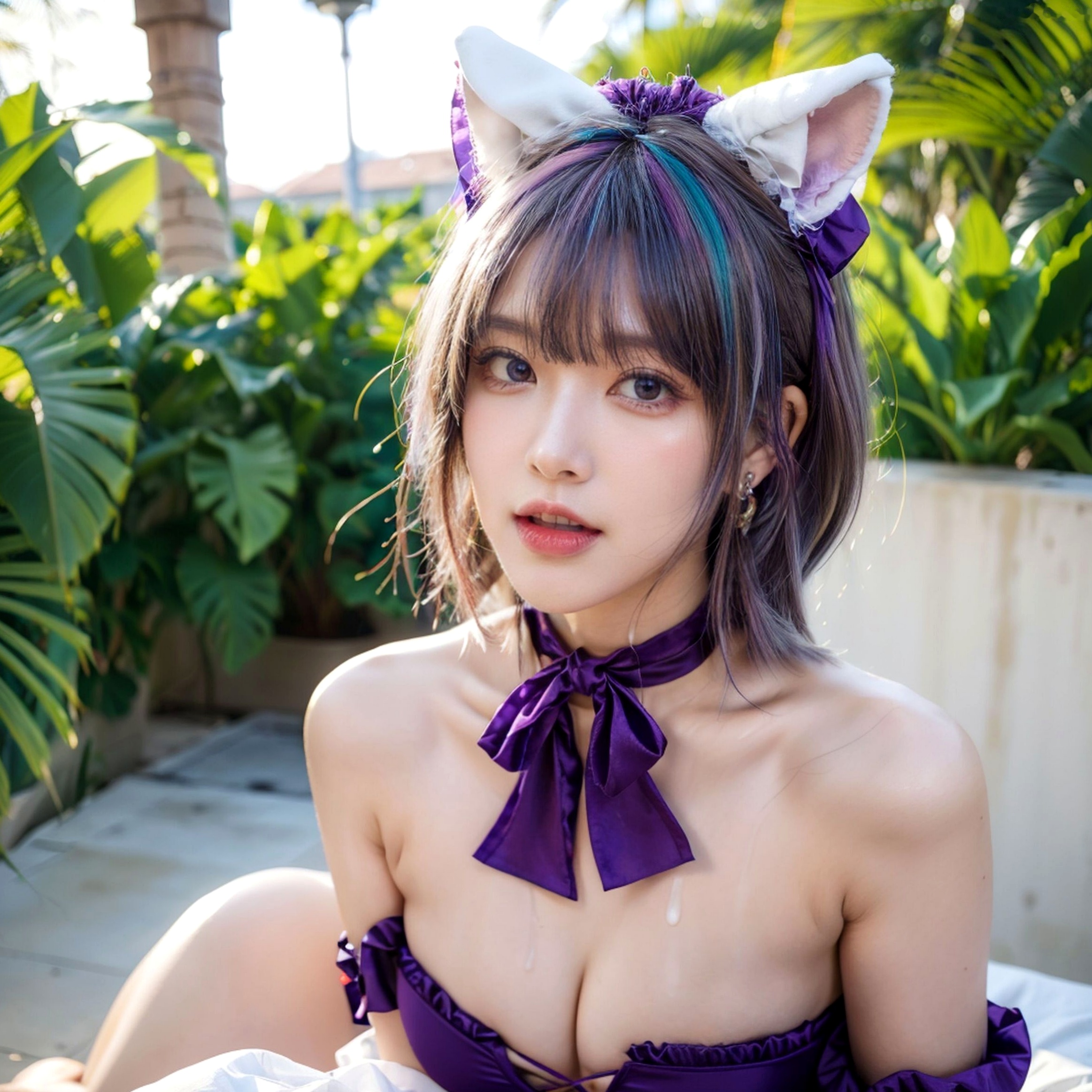 AI美女-拟实-紫色比基尼兽耳泳池场景 户外角色扮演性感写真