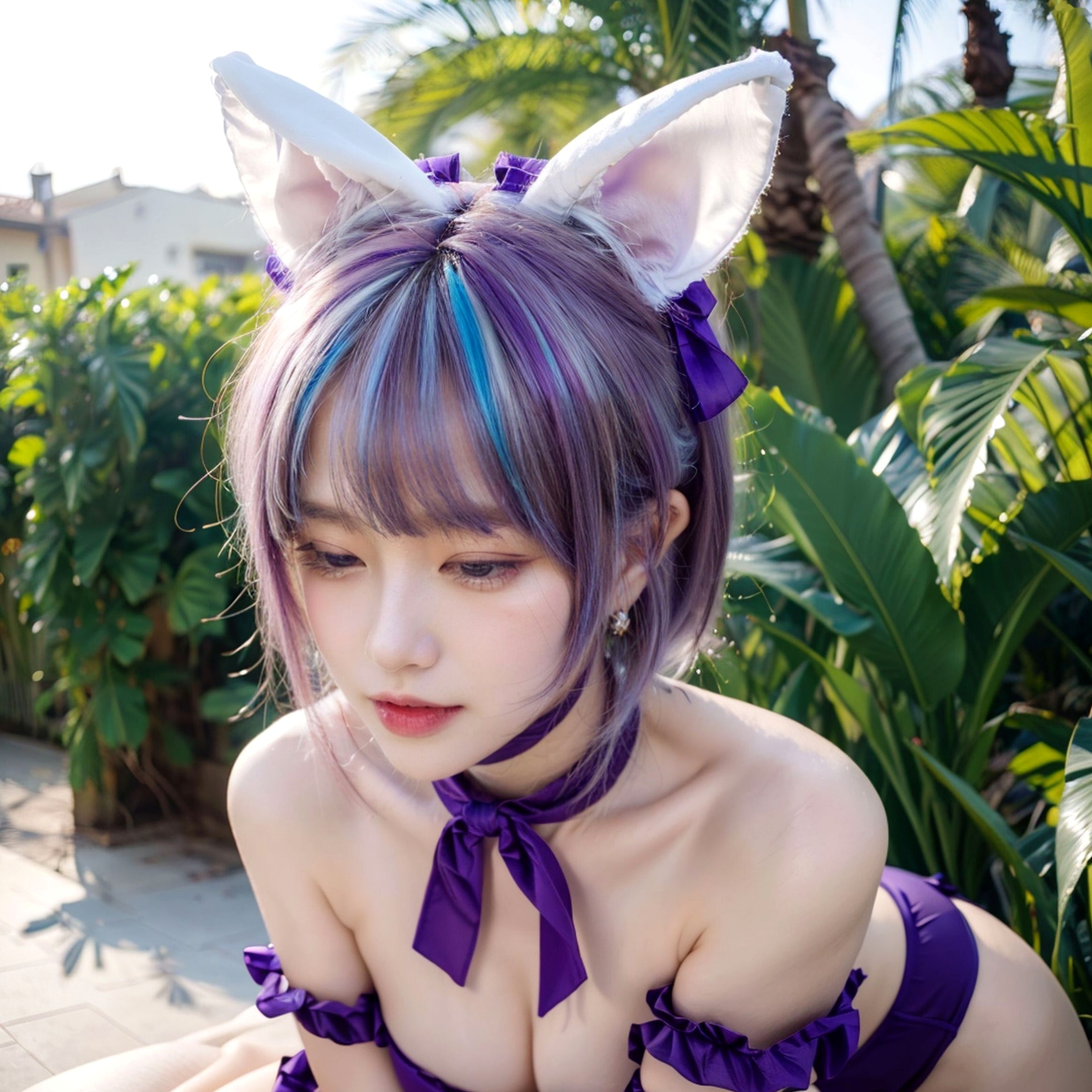 AI美女-拟实-紫色比基尼兽耳泳池场景 户外角色扮演性感写真
