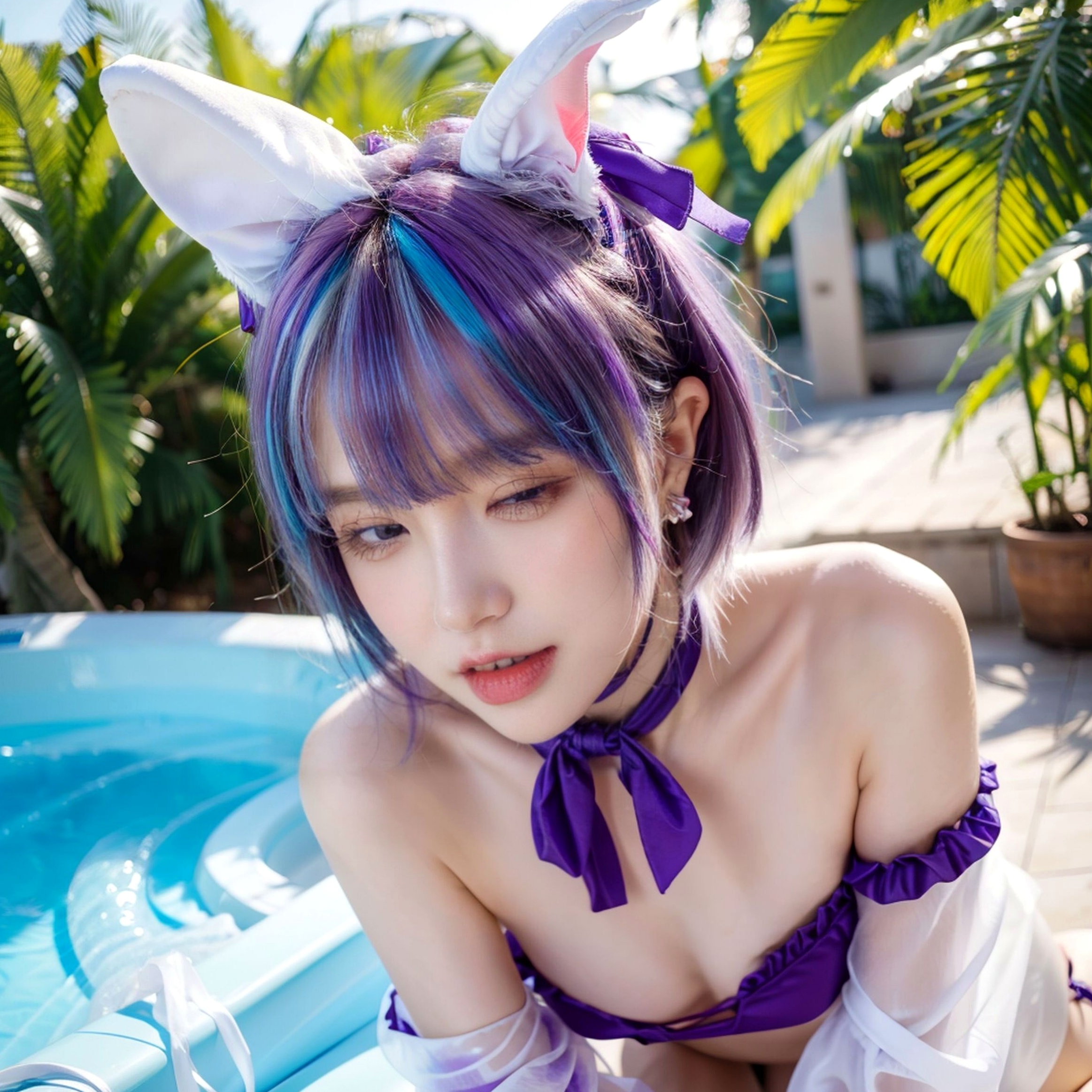 AI美女-拟实-紫色比基尼兽耳泳池场景 户外角色扮演性感写真