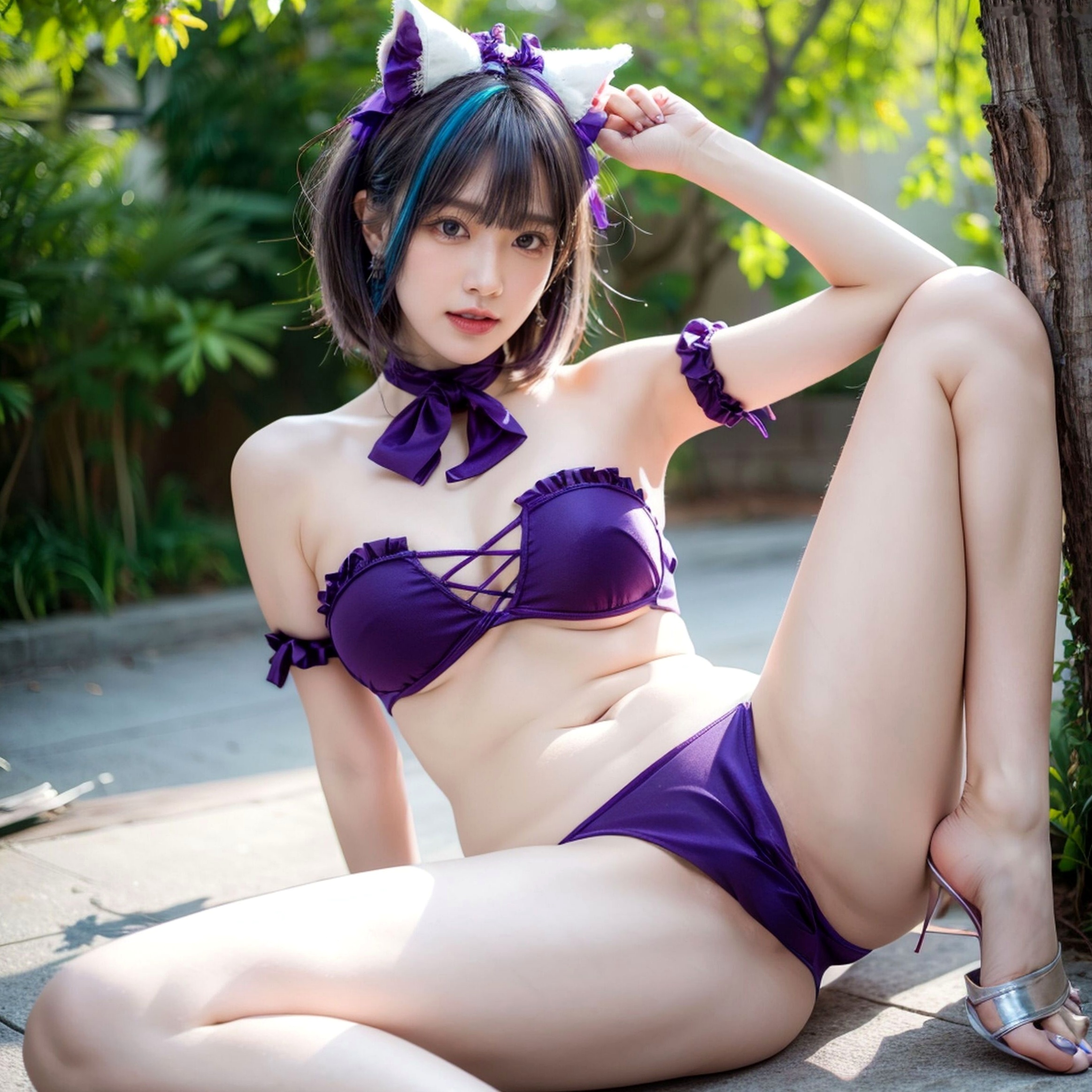 AI美女-拟实-紫色比基尼兽耳泳池场景 户外角色扮演性感写真