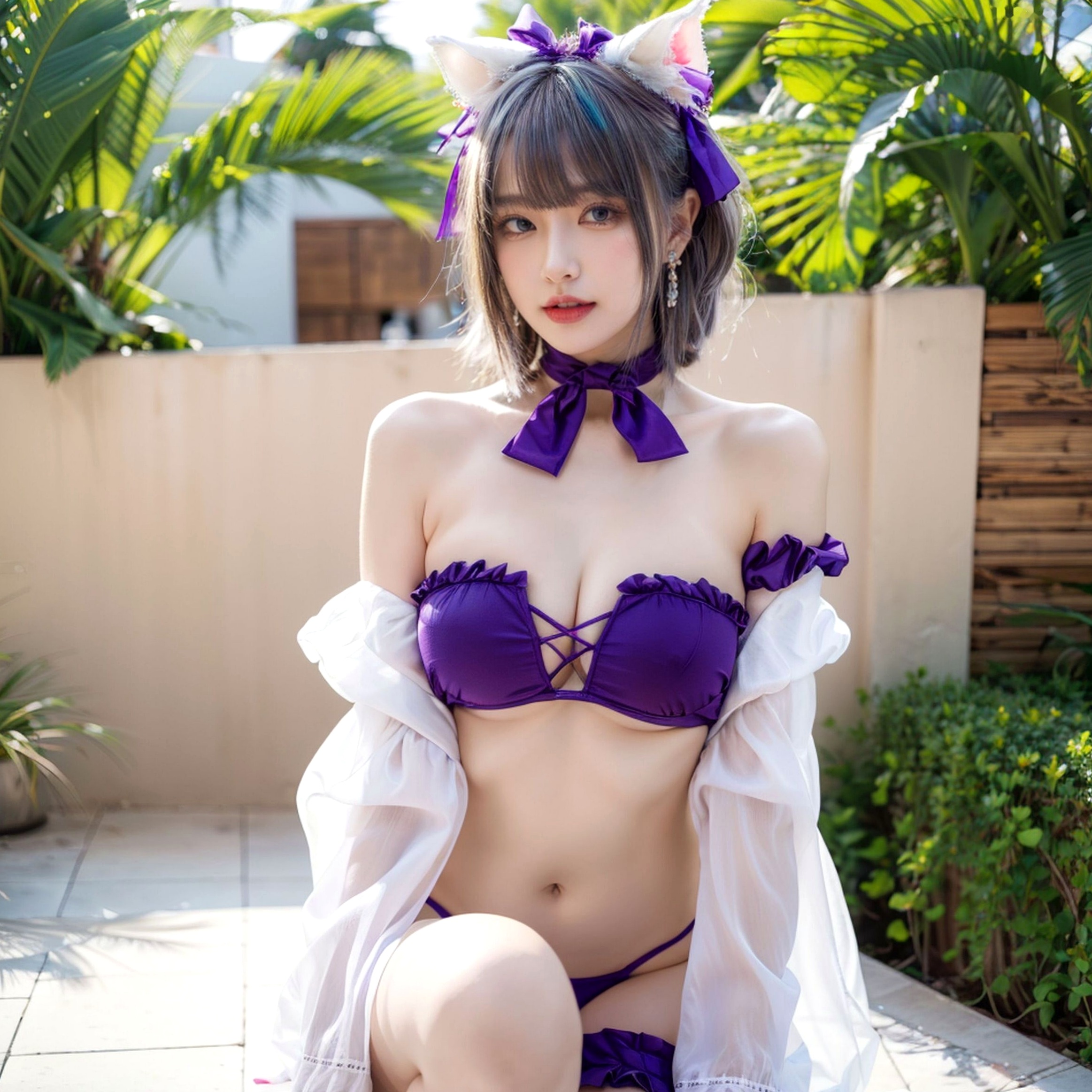 AI美女-拟实-紫色比基尼兽耳泳池场景 户外角色扮演性感写真