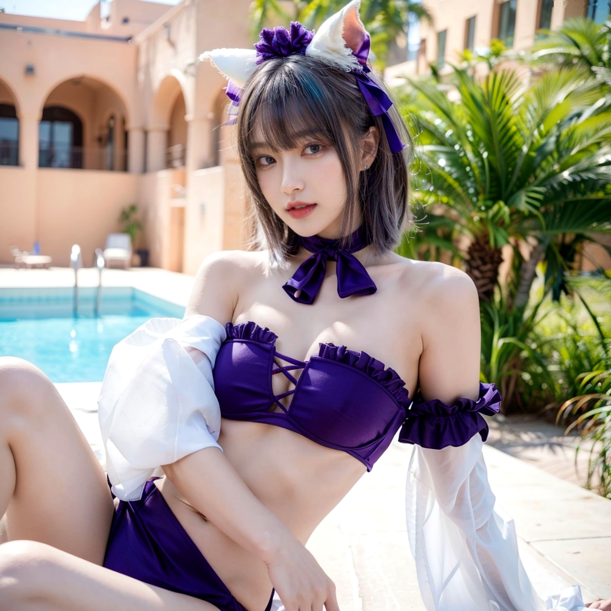 AI美女-拟实-紫色比基尼兽耳泳池场景 户外角色扮演性感写真