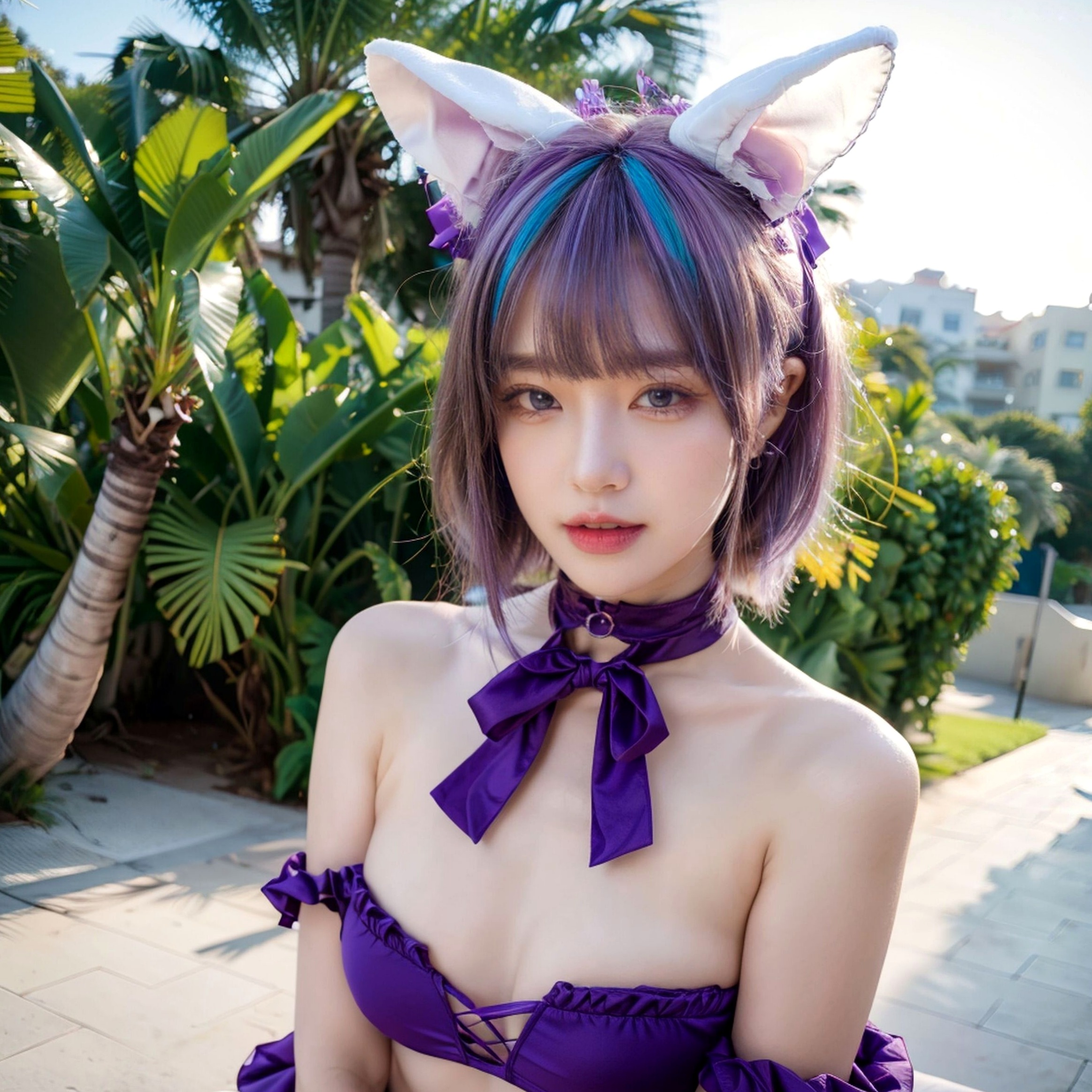 AI美女-拟实-紫色比基尼兽耳泳池场景 户外角色扮演性感写真